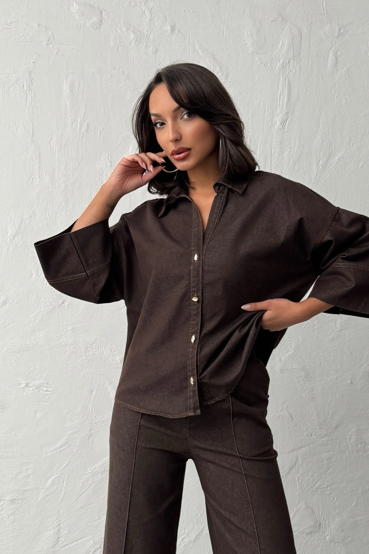 Kadın Kahverengi Gömlek Pantolon Premium Kalite Alt üst ikili Takım