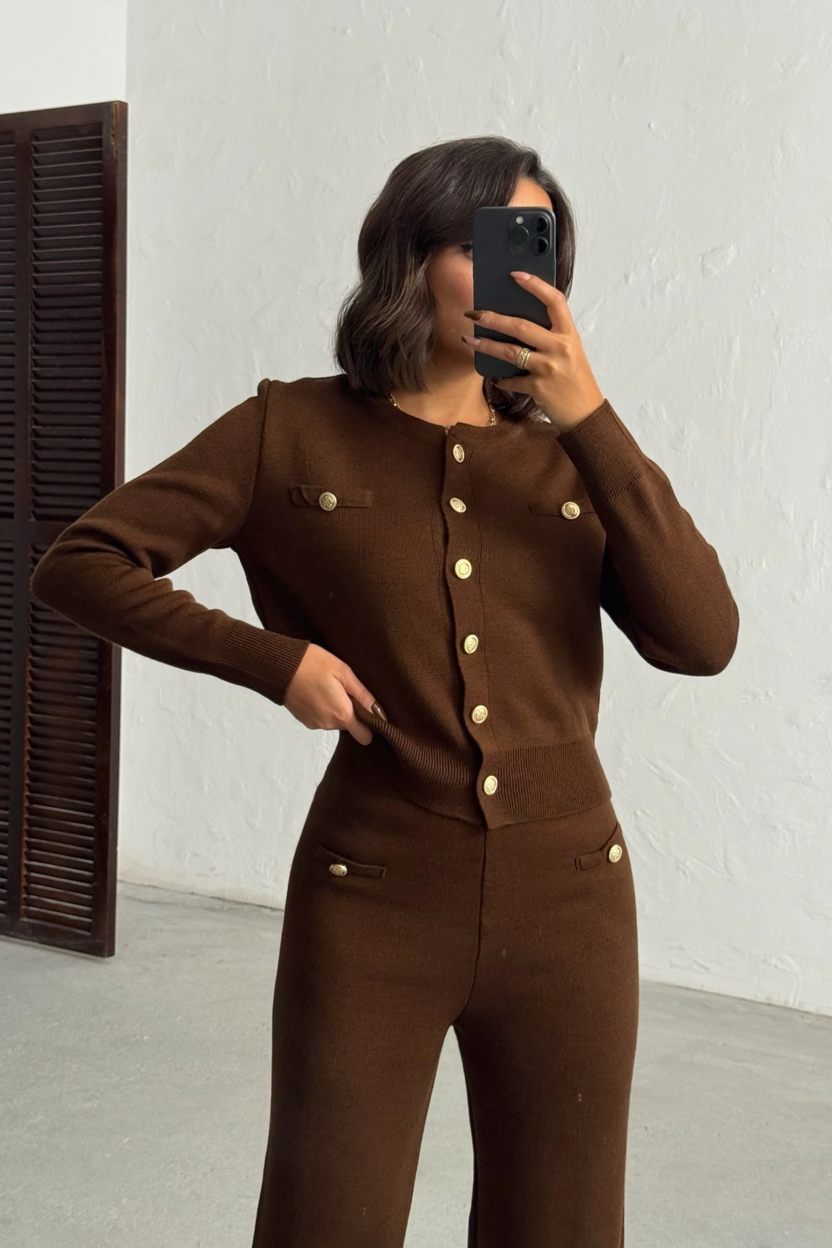 Kadın Kahverengi Hırka Pantolon Alt Üst İkili Triko Takım