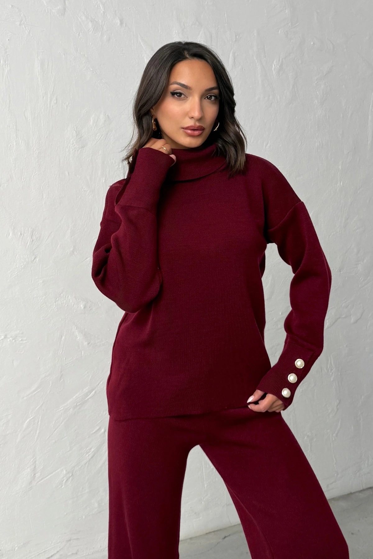 Kadın Bordo Kol Düğme Detaylı Bluz Etek Alt Üst İkili Triko Takım