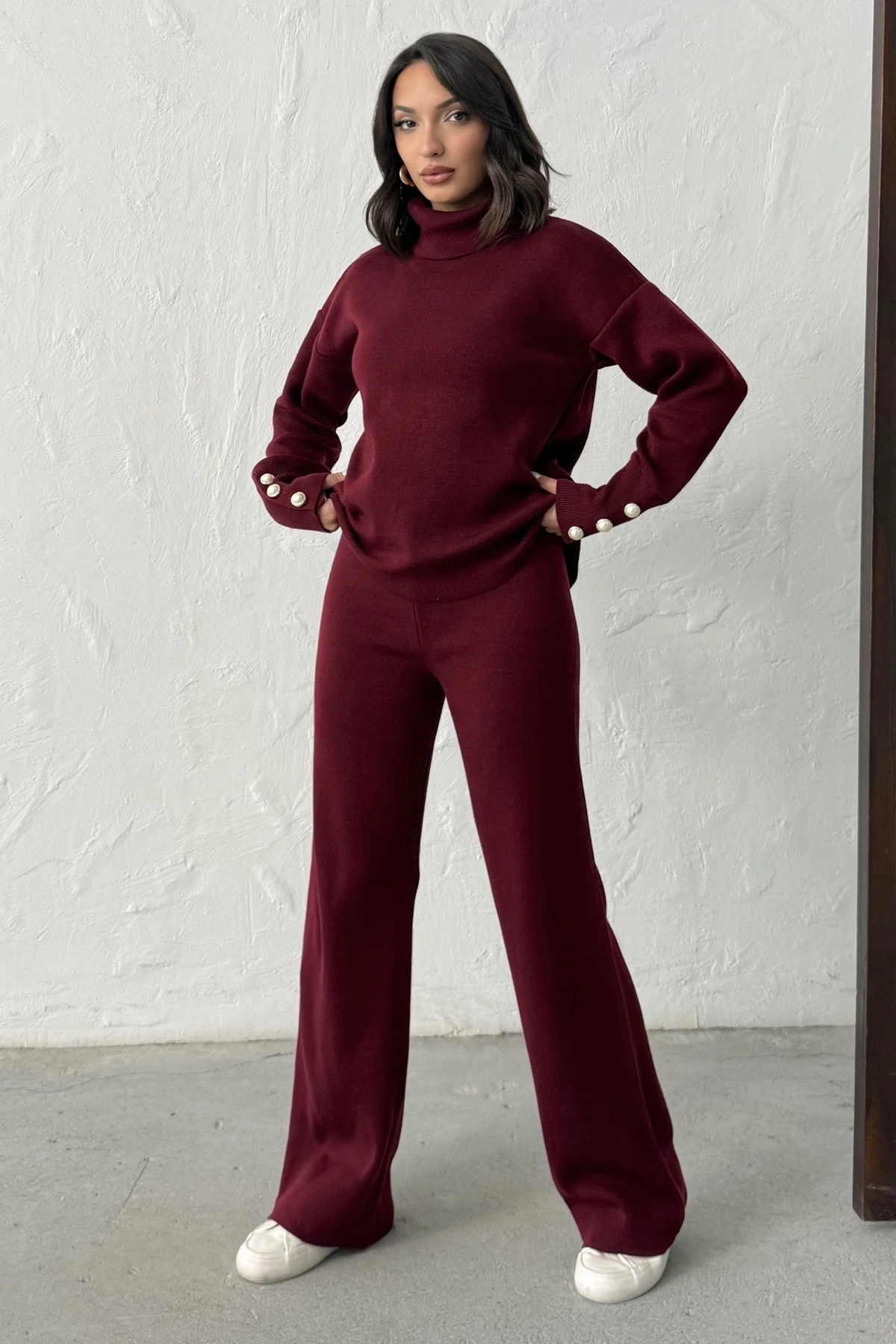 Kadın Bordo Kol Düğme Detaylı Bluz Etek Alt Üst İkili Triko Takım