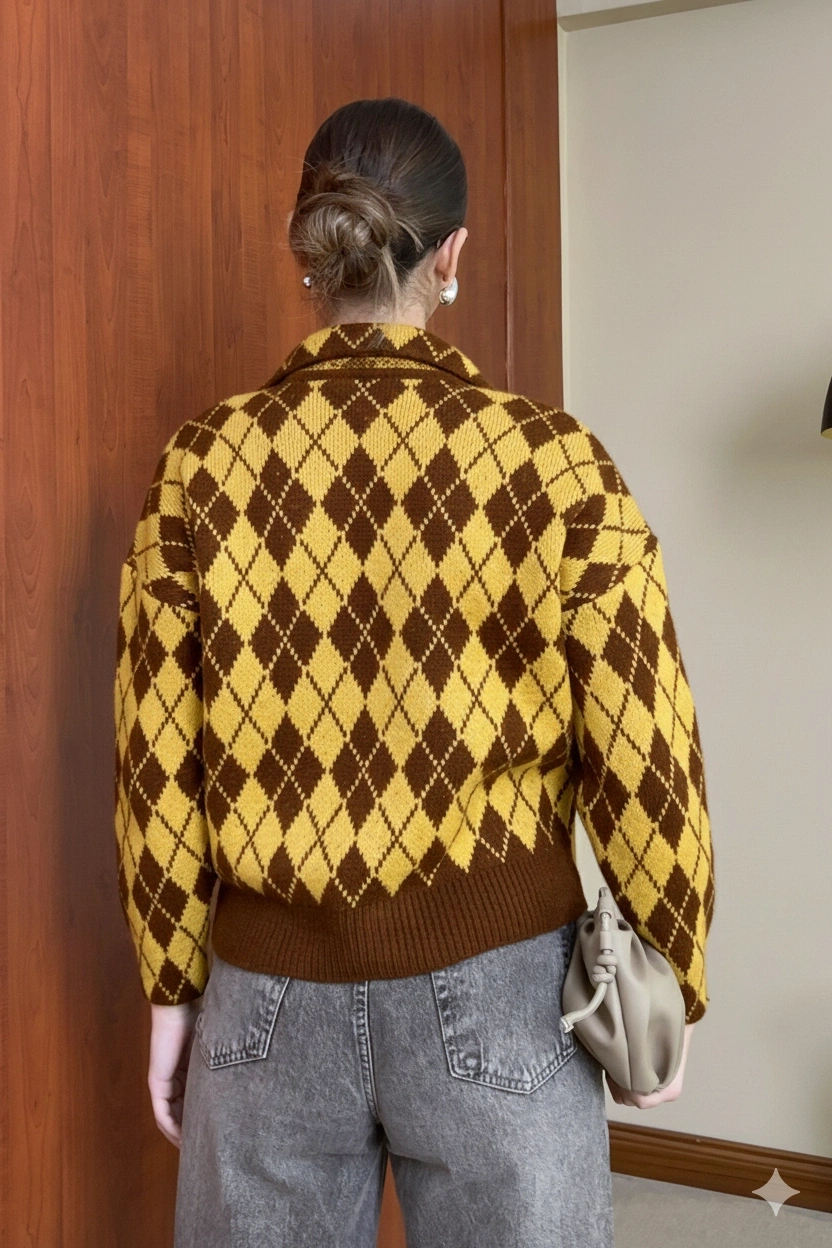 Kadın Kahverengi Polo yaka Çift Cep Detaylı Baklava Desen Premium Hırka