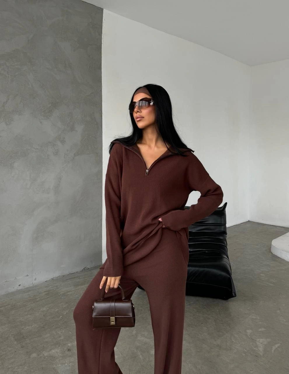Kadın Kahverengi Rahat Kesim Fermuarlı Oversize Alt Üst ikili Triko Takım