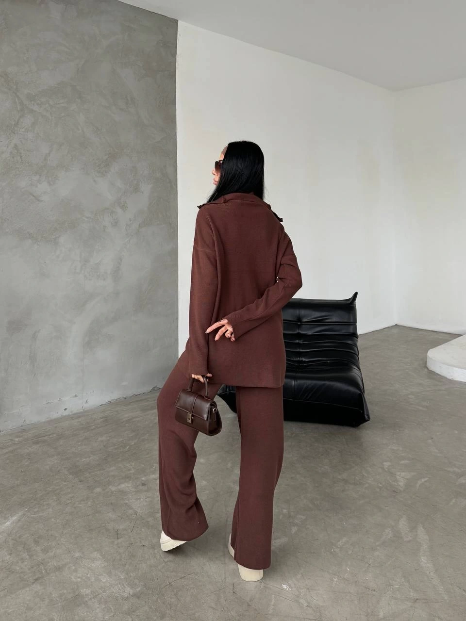 Kadın Kahverengi Rahat Kesim Fermuarlı Oversize Alt Üst ikili Triko Takım