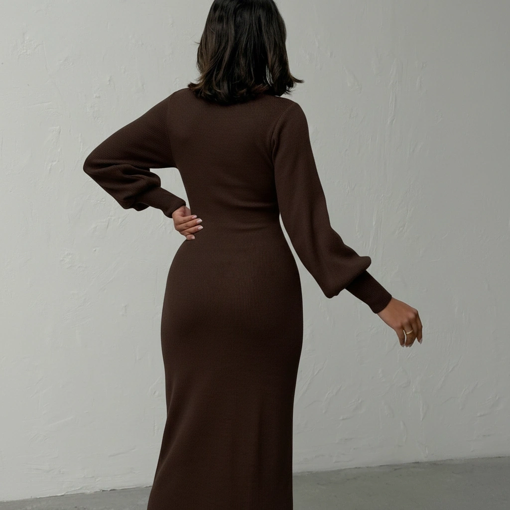 Kadın Kahverengi Şık Fiyonk Detaylı Balon Kol Triko Elbise