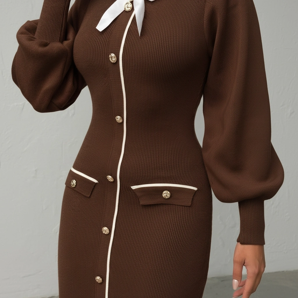 Kadın Kahverengi Şık Fiyonk Detaylı Balon Kol Triko Elbise