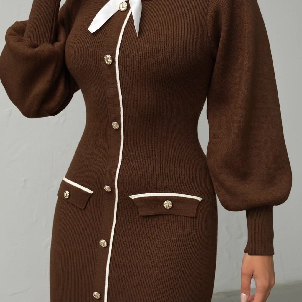 Kadın Kahverengi Şık Fiyonk Detaylı Balon Kol Triko Elbise