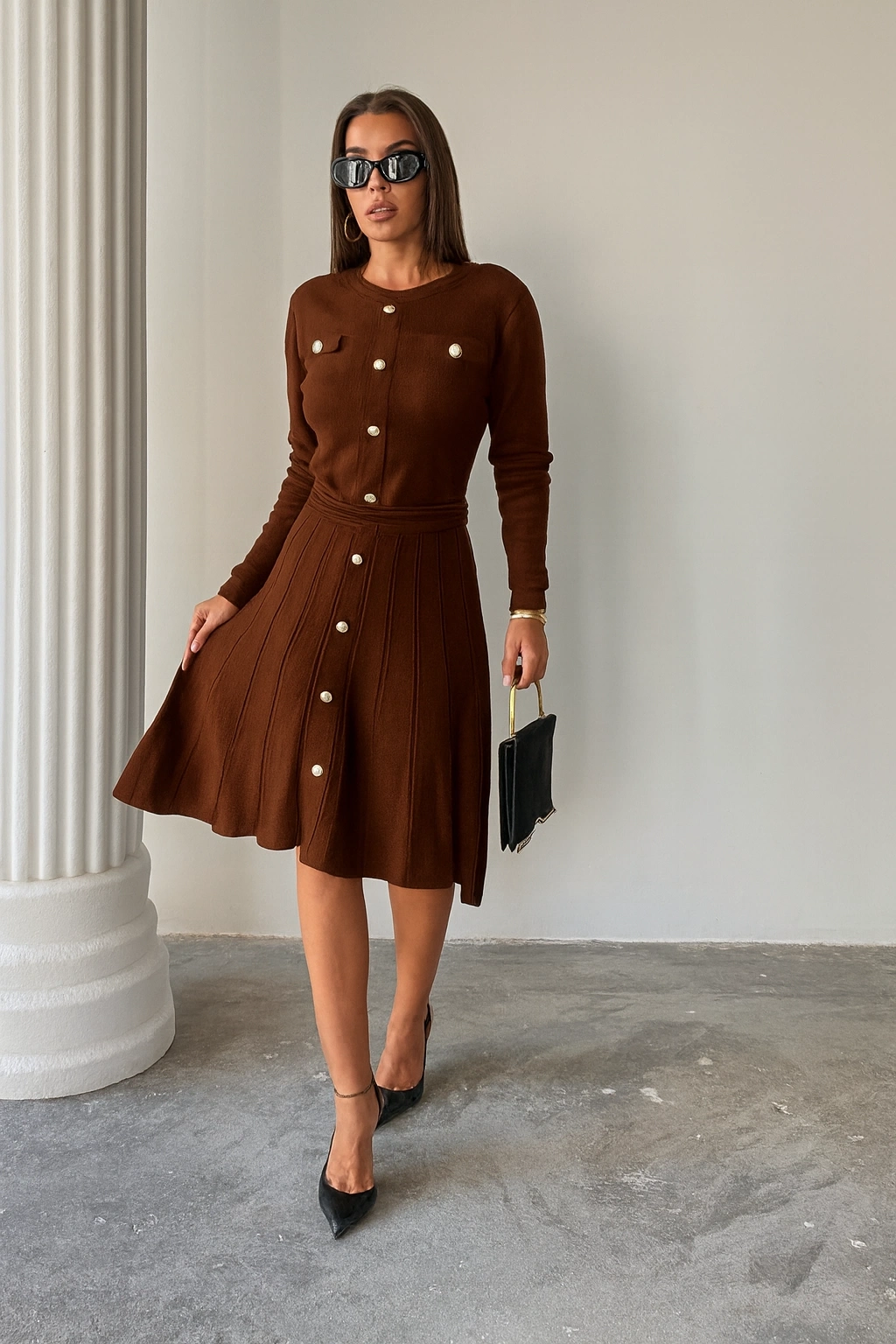 Kadın Kahverengi Şık Gold Düğme Detaylı Zarif Uzun Kol Triko Elbise (Yeni Renk)