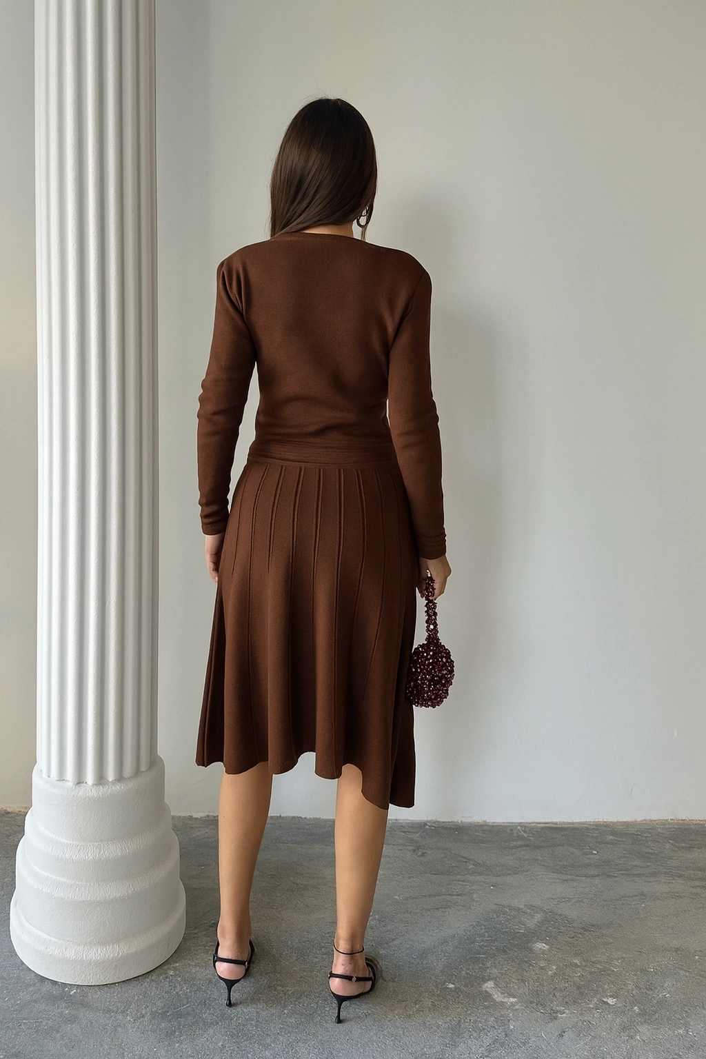 Kadın Kahverengi Şık Gold Düğme Detaylı Zarif Uzun Kol Triko Elbise (Yeni Renk)