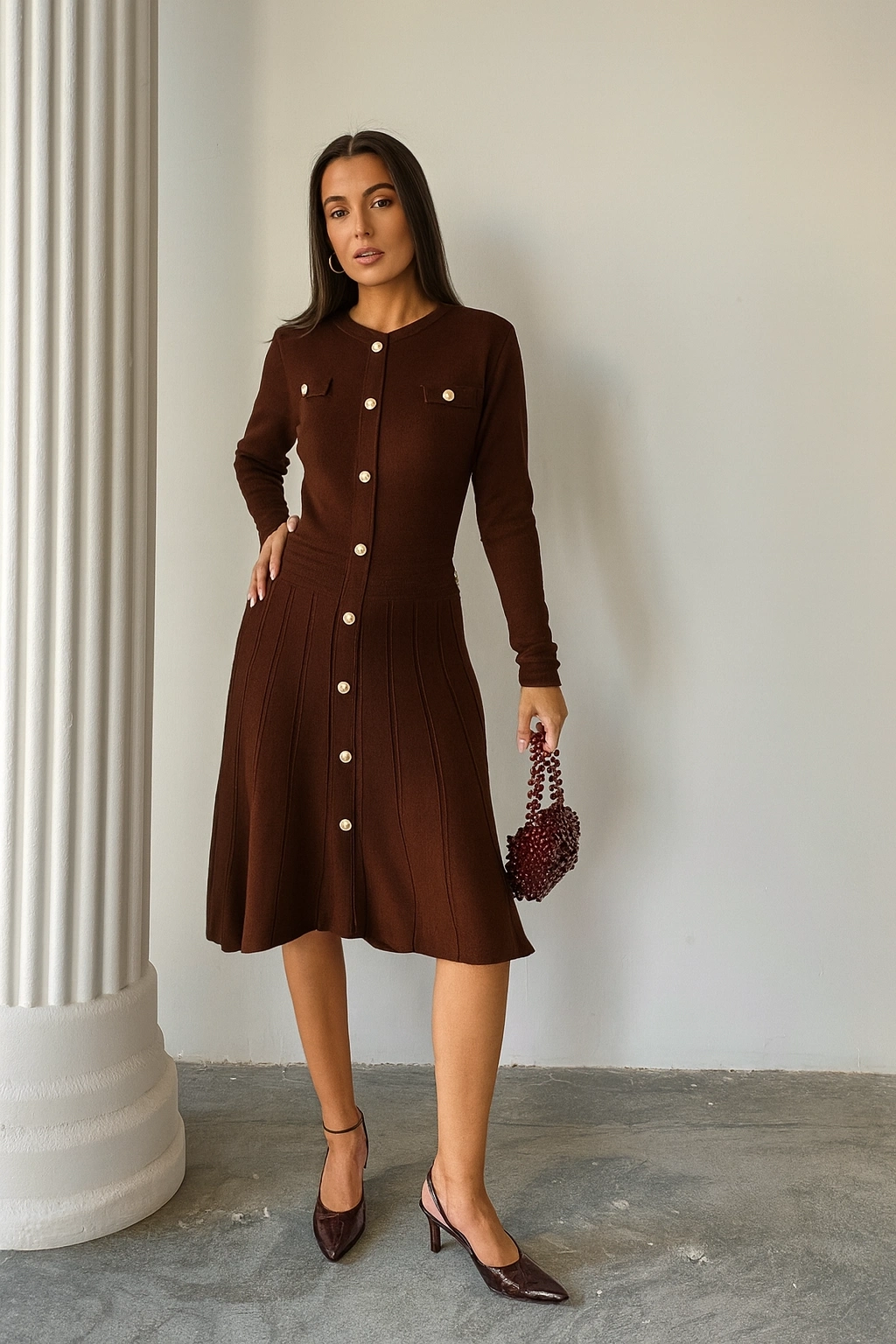 Kadın Kahverengi Şık Gold Düğme Detaylı Zarif Uzun Kol Triko Elbise (Yeni Renk)