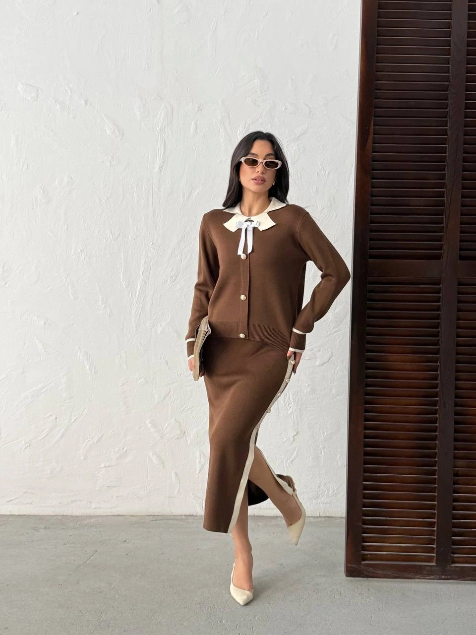 Kadın Kahverengi Şık Gül Fiyonk Detaylı Bluz Etek Alt Üst İkili Triko Takım