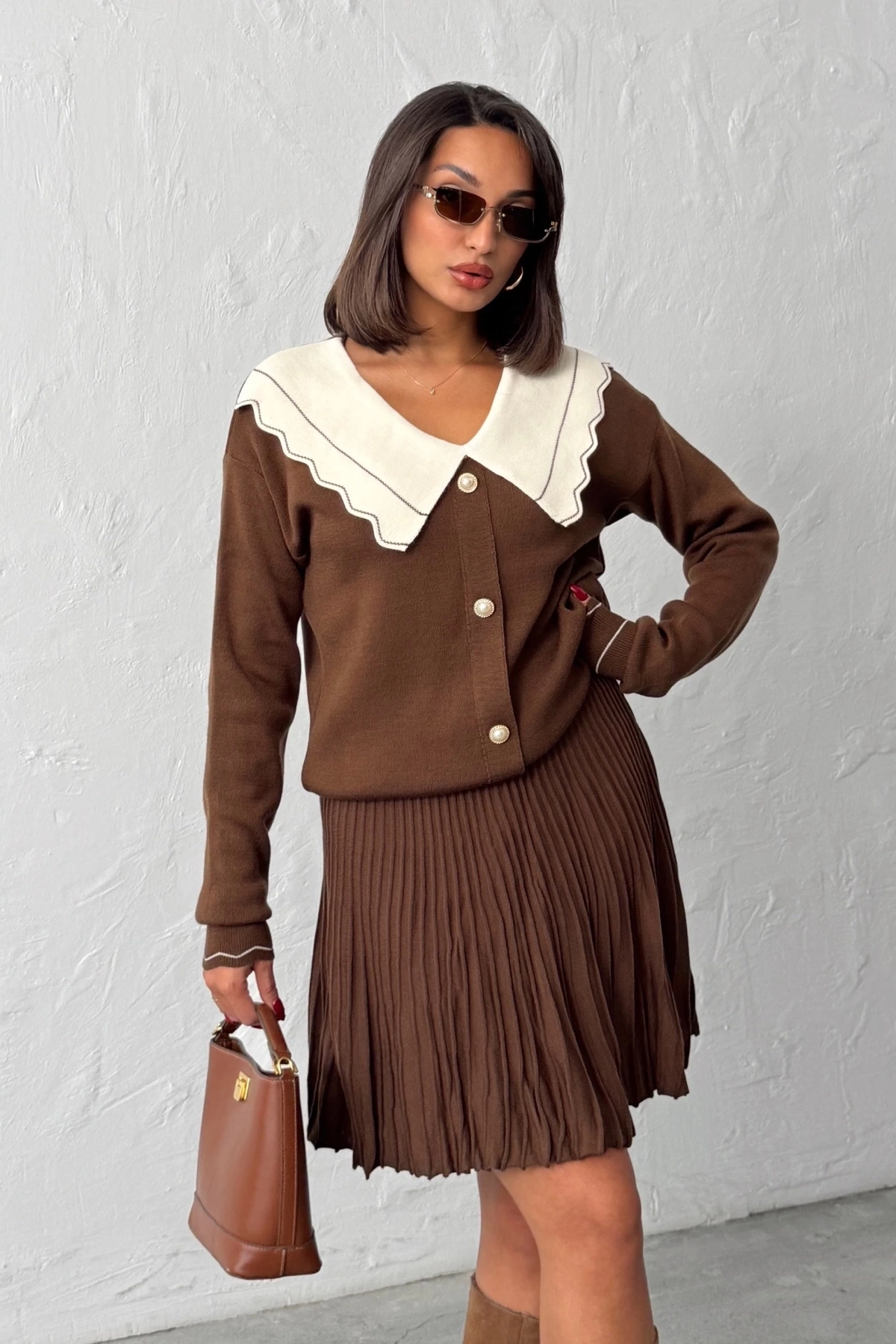 Kadın Kahverengi Şık Yaka Detaylı Hırka Bluz Etek Alt Üst İkili Takım (Yeni Renk)