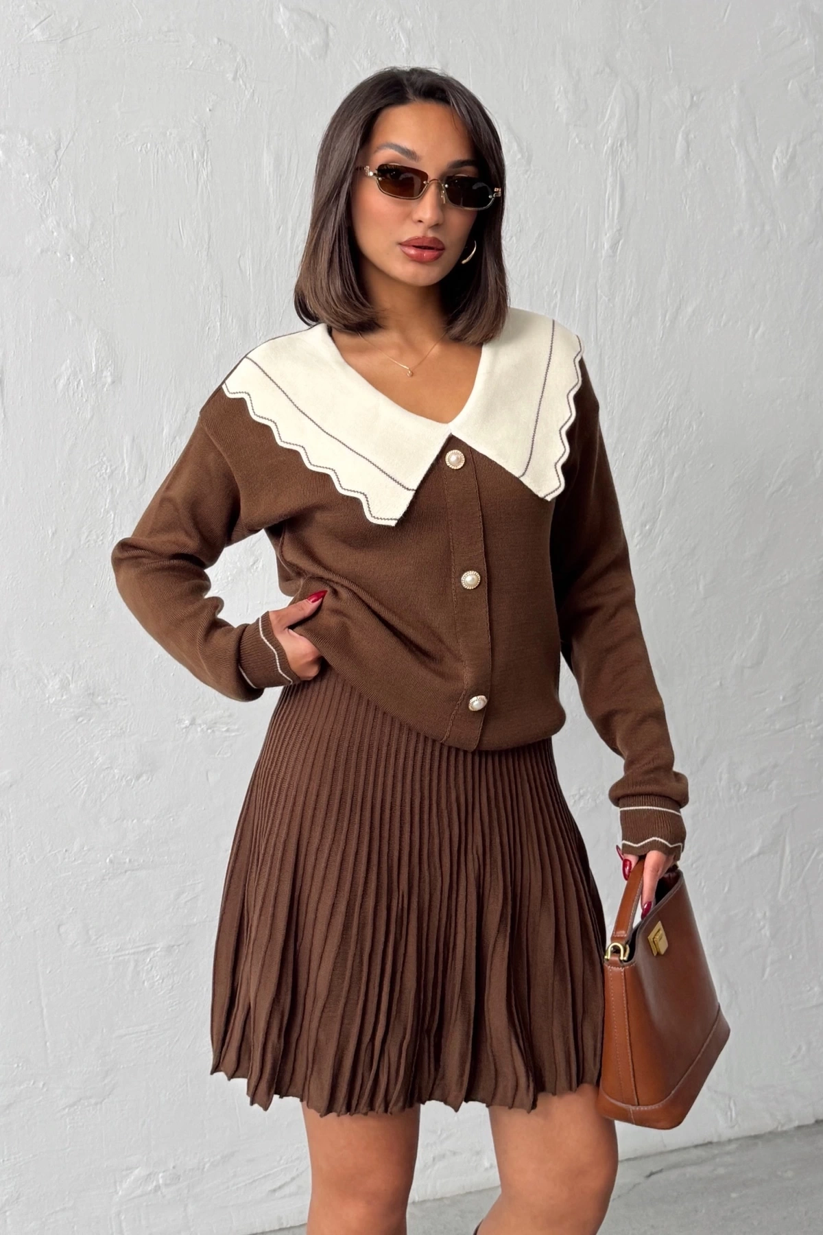 Kadın Kahverengi Şık Yaka Detaylı Hırka Bluz Etek Alt Üst İkili Takım (Yeni Renk)