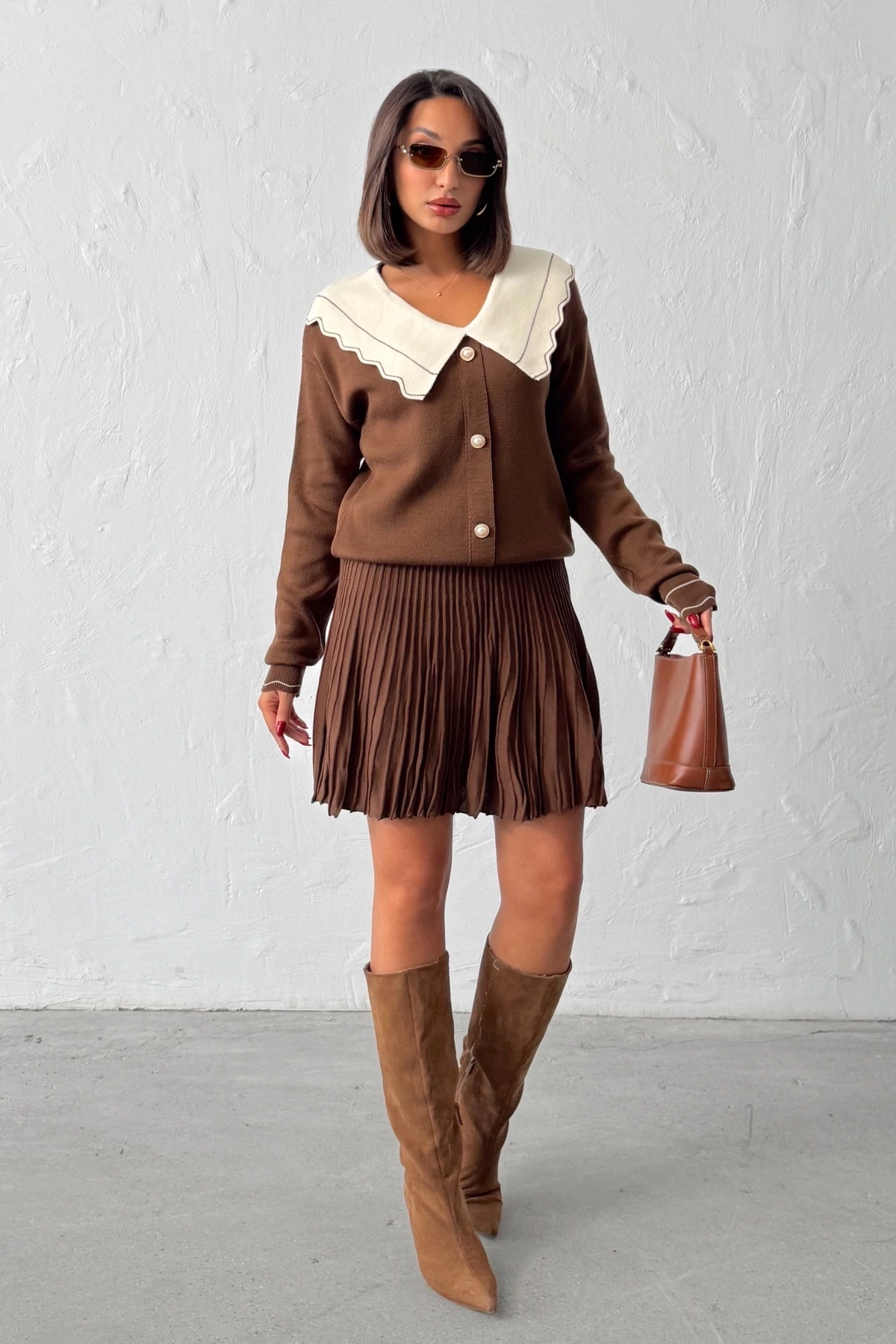 Kadın Kahverengi Şık Yaka Detaylı Hırka Bluz Etek Alt Üst İkili Takım (Yeni Renk)