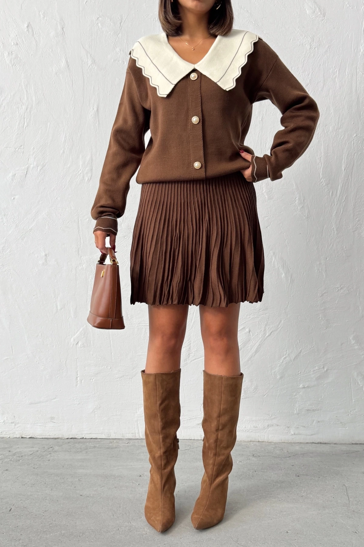 Kadın Kahverengi Şık Yaka Detaylı Hırka Bluz Etek Alt Üst İkili Takım (Yeni Renk)