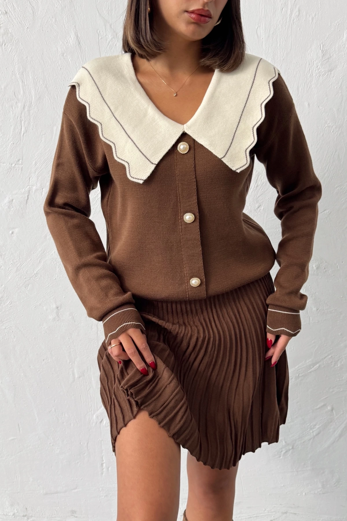 Kadın Kahverengi Şık Yaka Detaylı Hırka Bluz Etek Alt Üst İkili Takım (Yeni Renk)