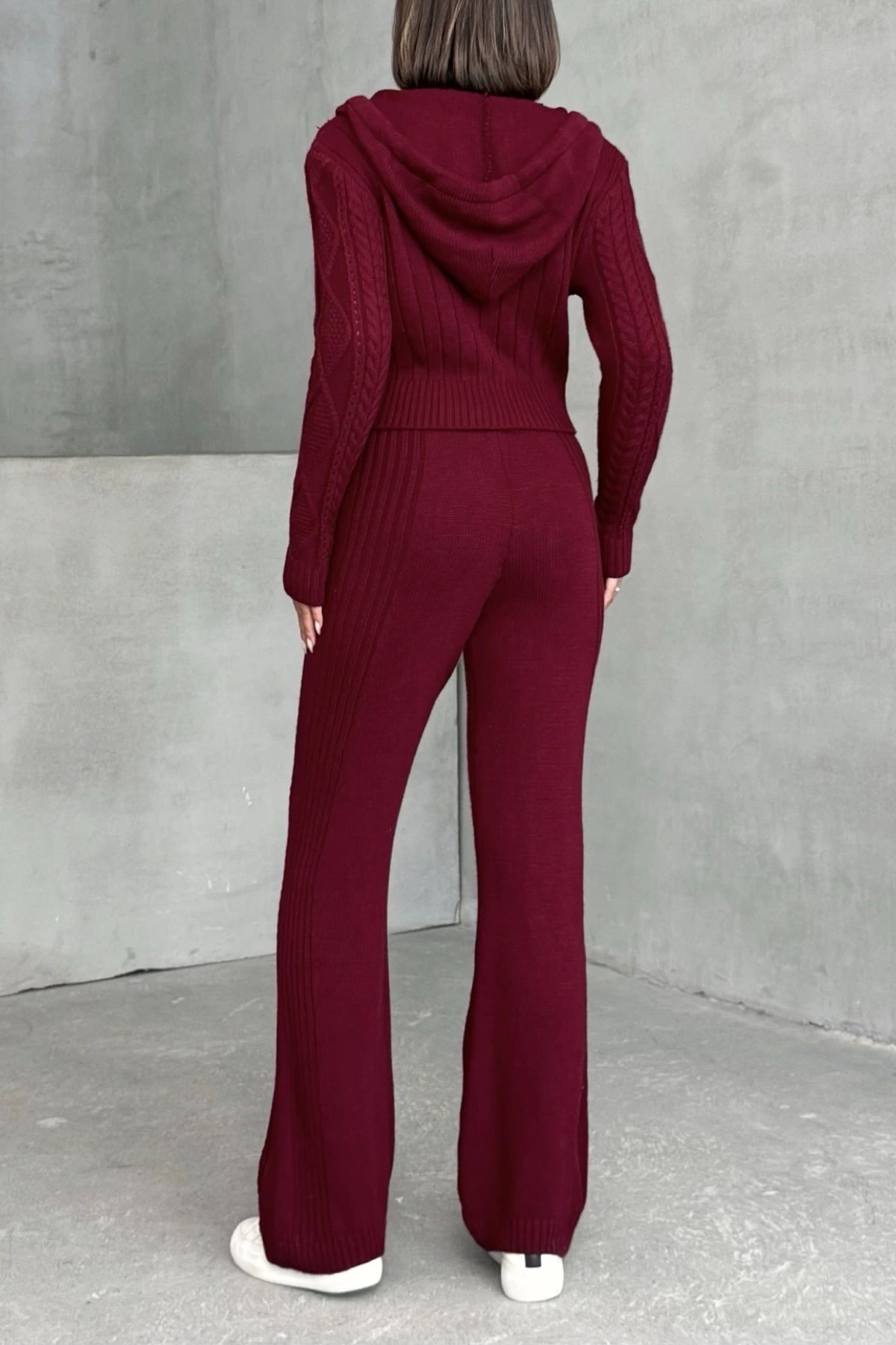 Kadın Kapşonlu Fermuarlı Crop Hırka Pantolon Alt Üst Triko Takım - Bordo S/m