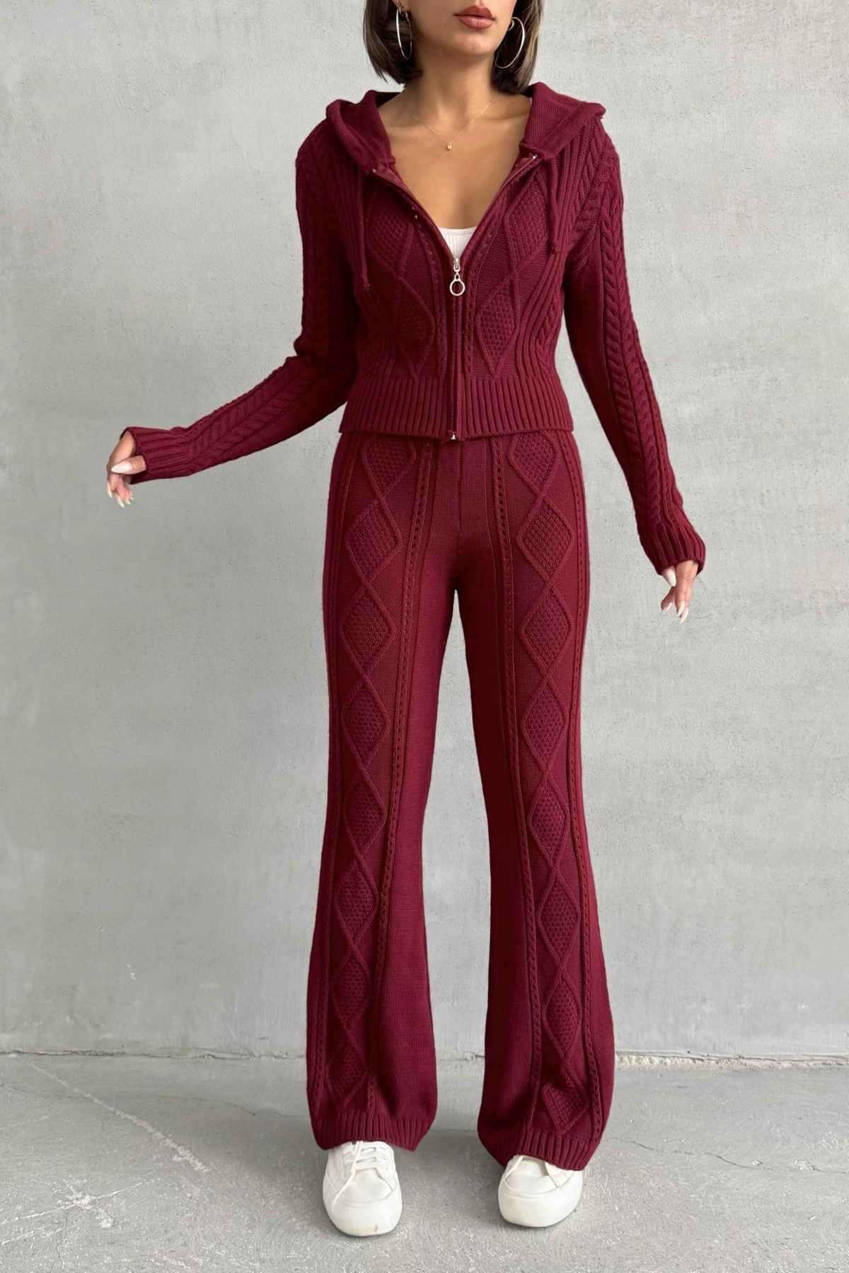 Kadın Kapşonlu Fermuarlı Crop Hırka Pantolon Alt Üst Triko Takım - Bordo S/m