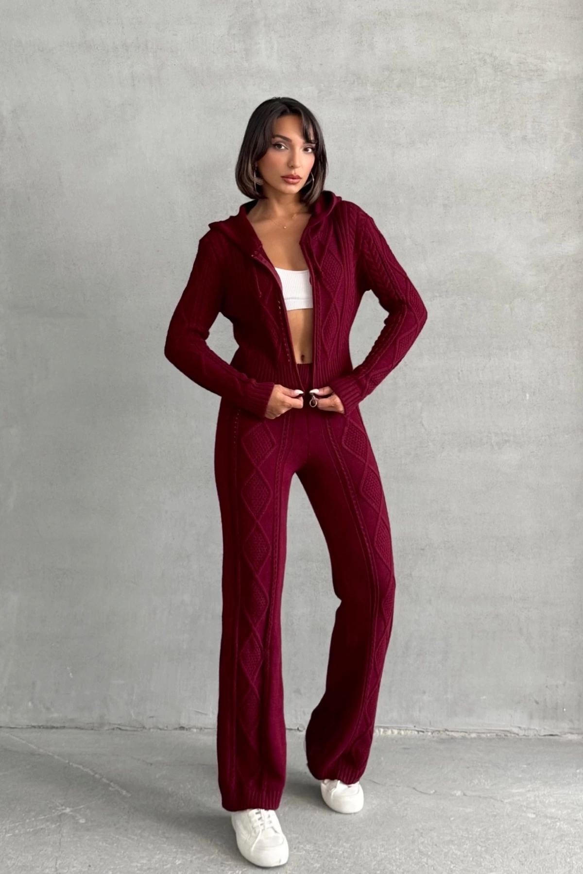 Kadın Kapşonlu Fermuarlı Crop Hırka Pantolon Alt Üst Triko Takım - Bordo S/m