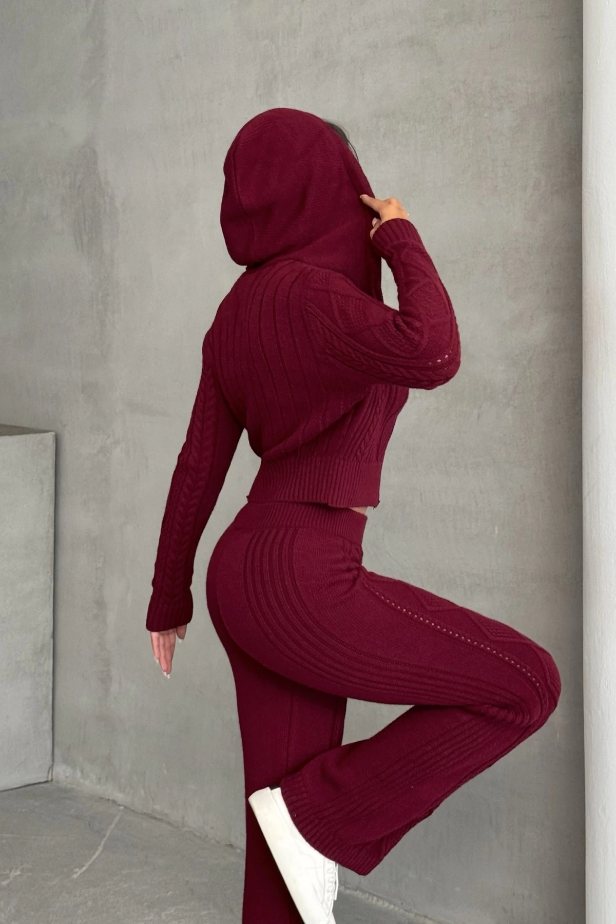 Kadın Kapşonlu Fermuarlı Crop Hırka Pantolon Alt Üst Triko Takım - Bordo S/m