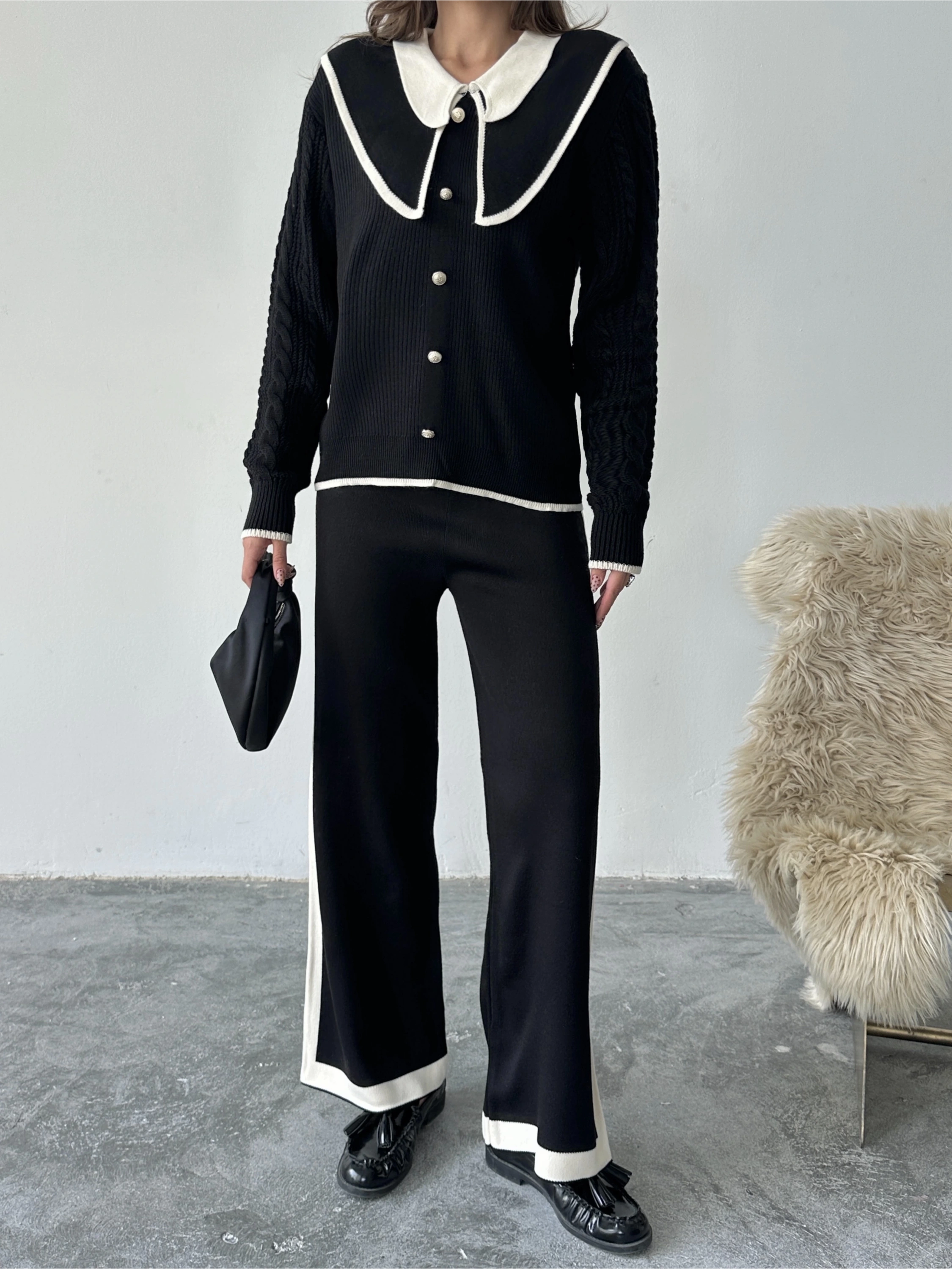 Kadın Siyah Kolu Saç Örgü Ve Şerit Detaylı Bebe Yaka Alt Üst Şık Triko Takım