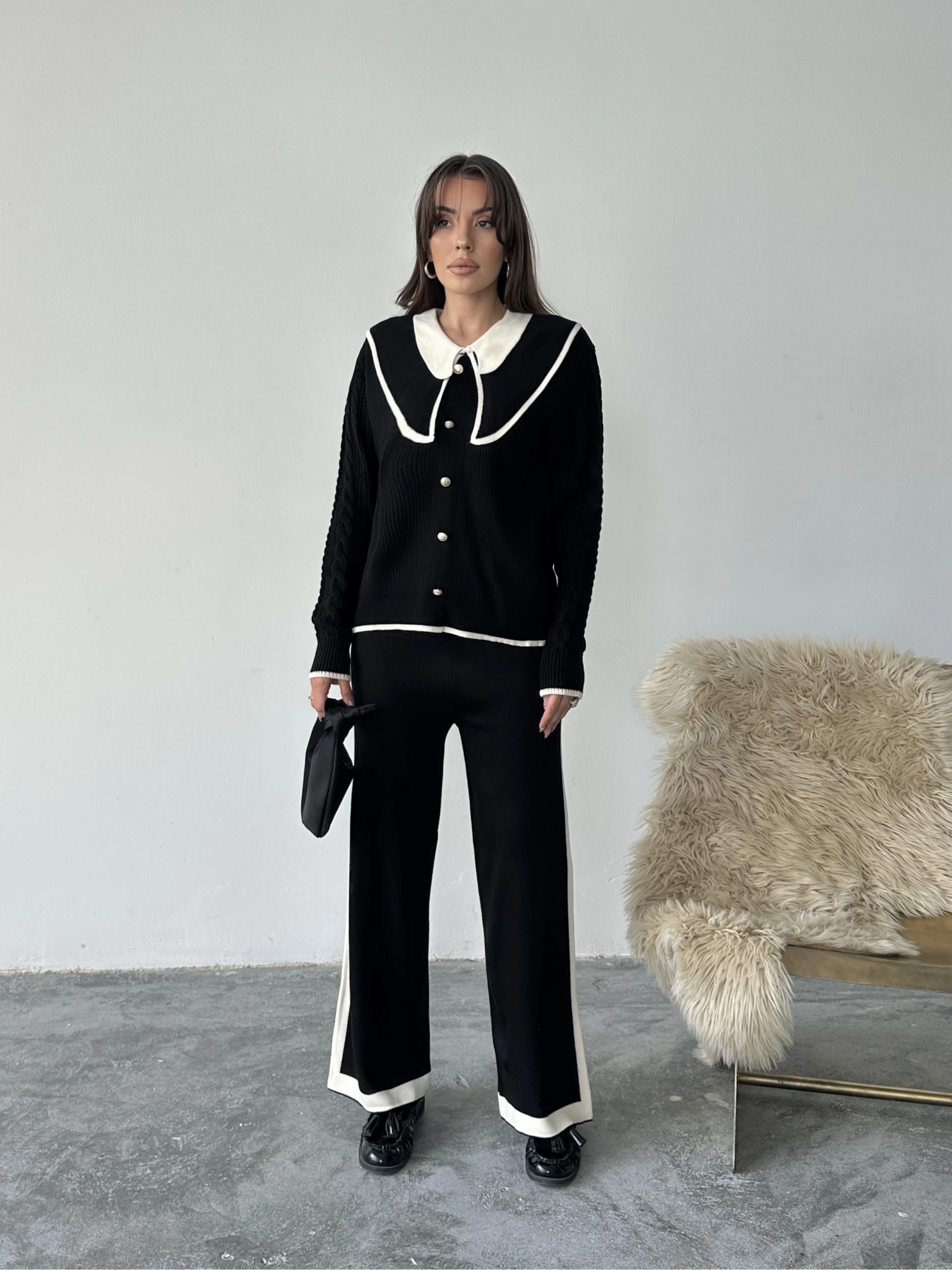 Kadın Siyah Kolu Saç Örgü Ve Şerit Detaylı Bebe Yaka Alt Üst Şık Triko Takım