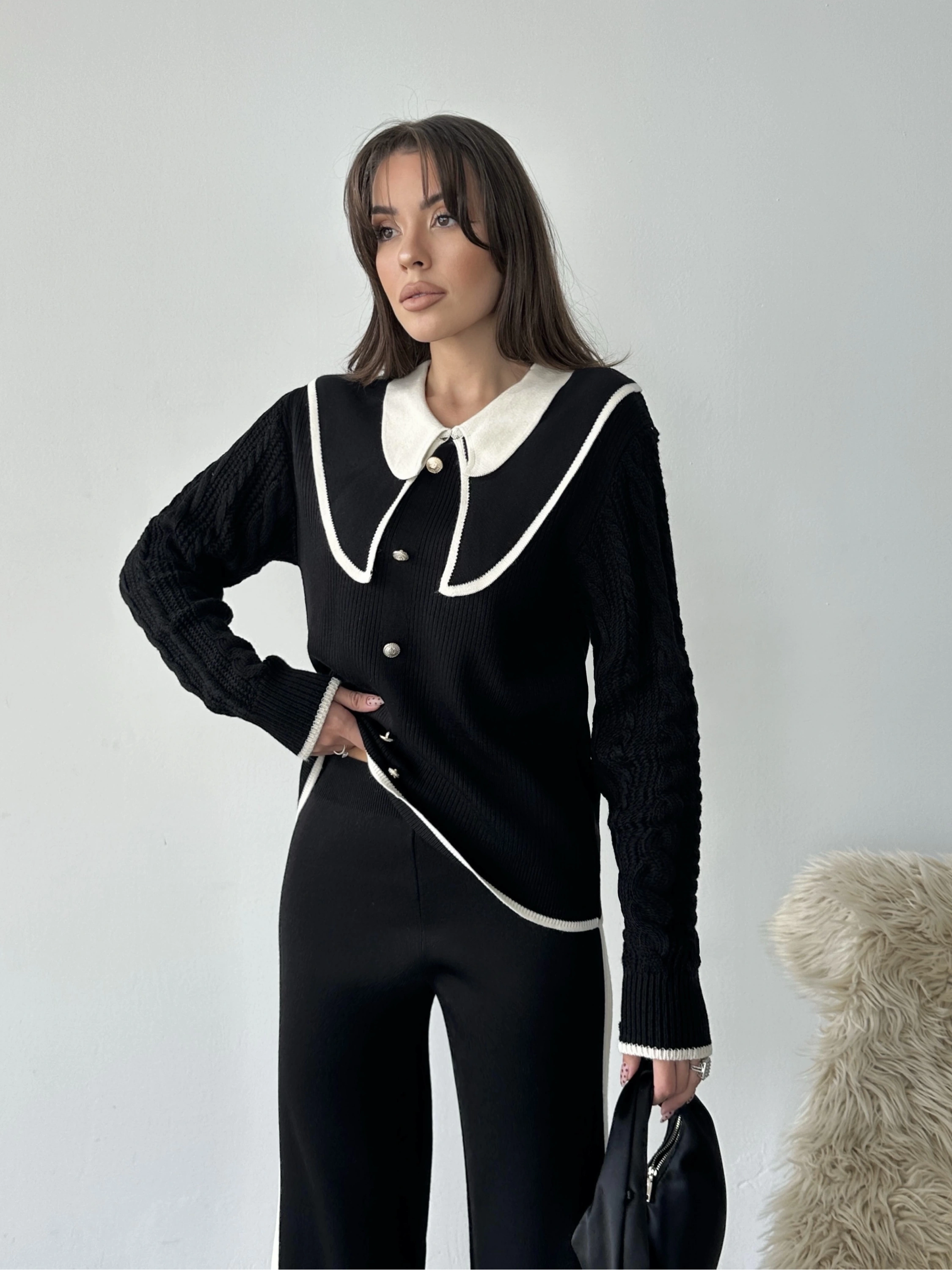 Kadın Siyah Kolu Saç Örgü Ve Şerit Detaylı Bebe Yaka Alt Üst Şık Triko Takım