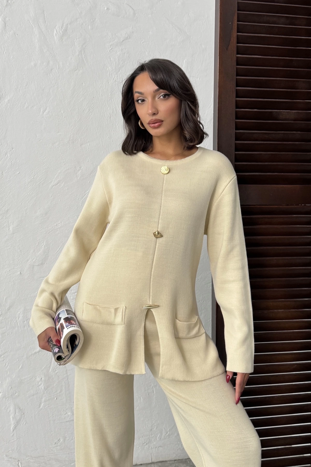 Kadın Krem Gold Düğme Detaylı Alt Üst İkili Triko Takım