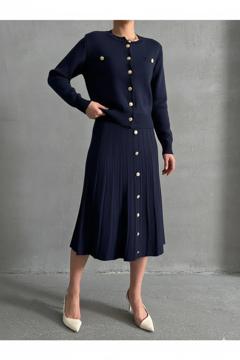 Kadın Lacivert Düğme Detaylı Hırka Midi Etek İkili Triko Takım S/m (Yeni Renk)