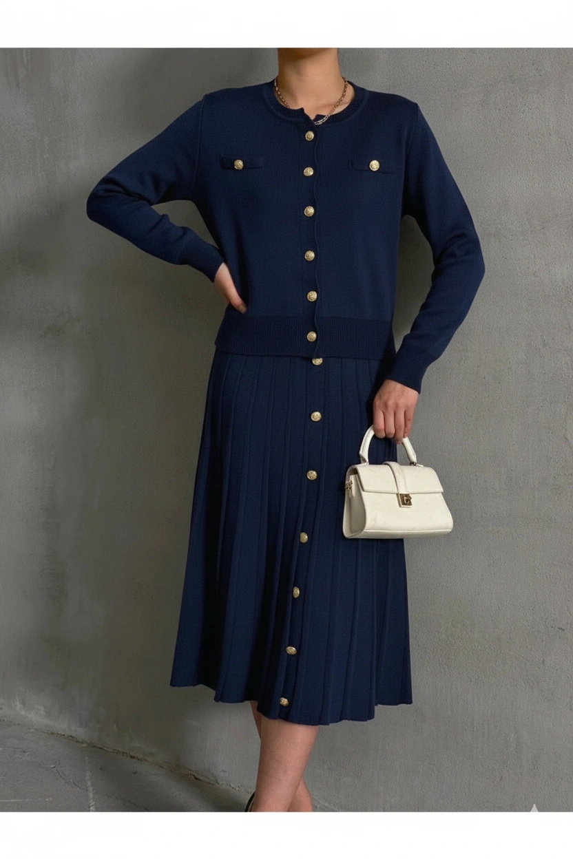 Kadın Lacivert Düğme Detaylı Hırka Midi Etek İkili Triko Takım S/m (Yeni Renk)