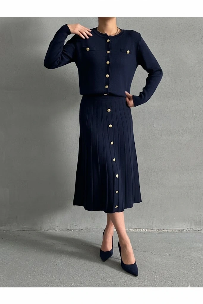 Kadın Lacivert Düğme Detaylı Hırka Midi Etek İkili Triko Takım S/m (Yeni Renk)