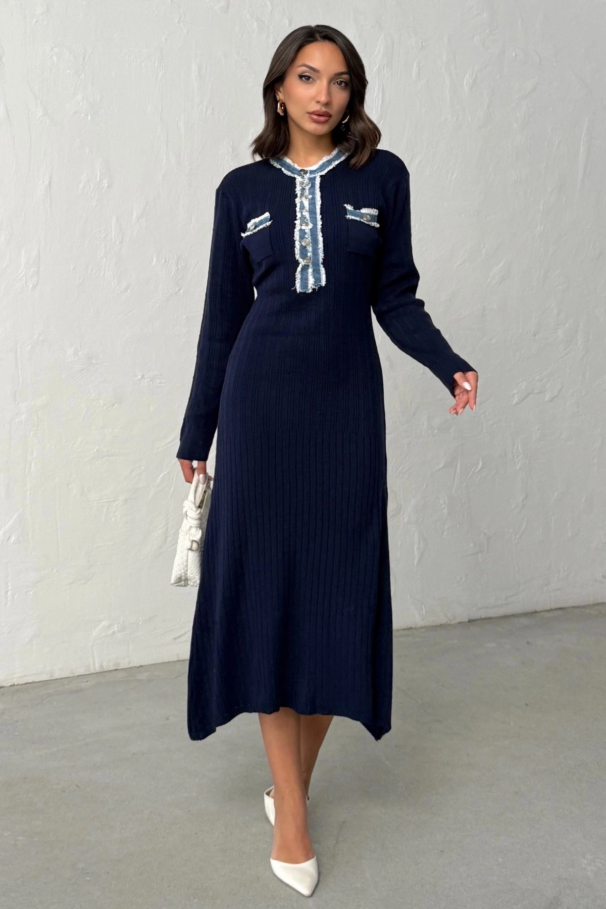 Kadın Lacivert Düğmeli Jean Detaylı Triko Elbise