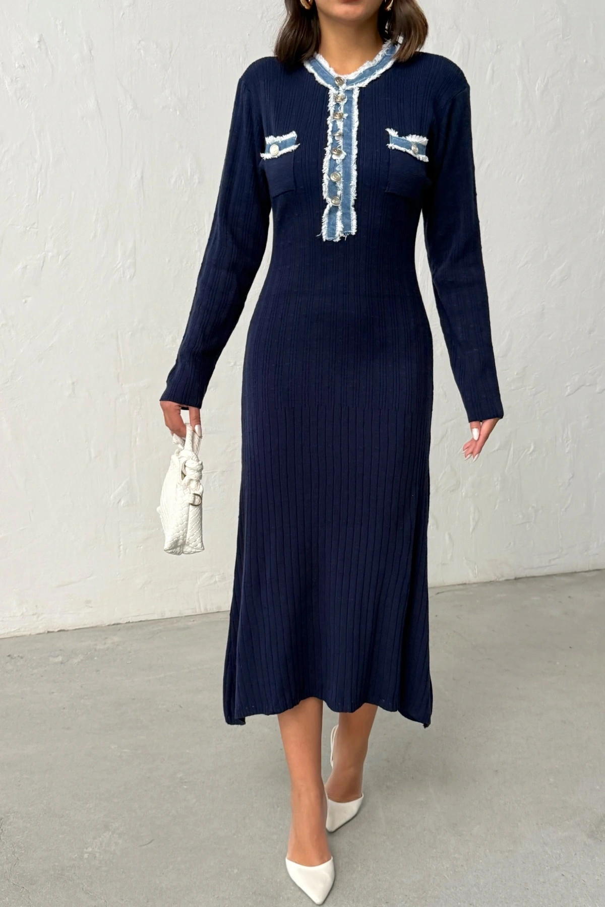 Kadın Lacivert Düğmeli Jean Detaylı Triko Elbise