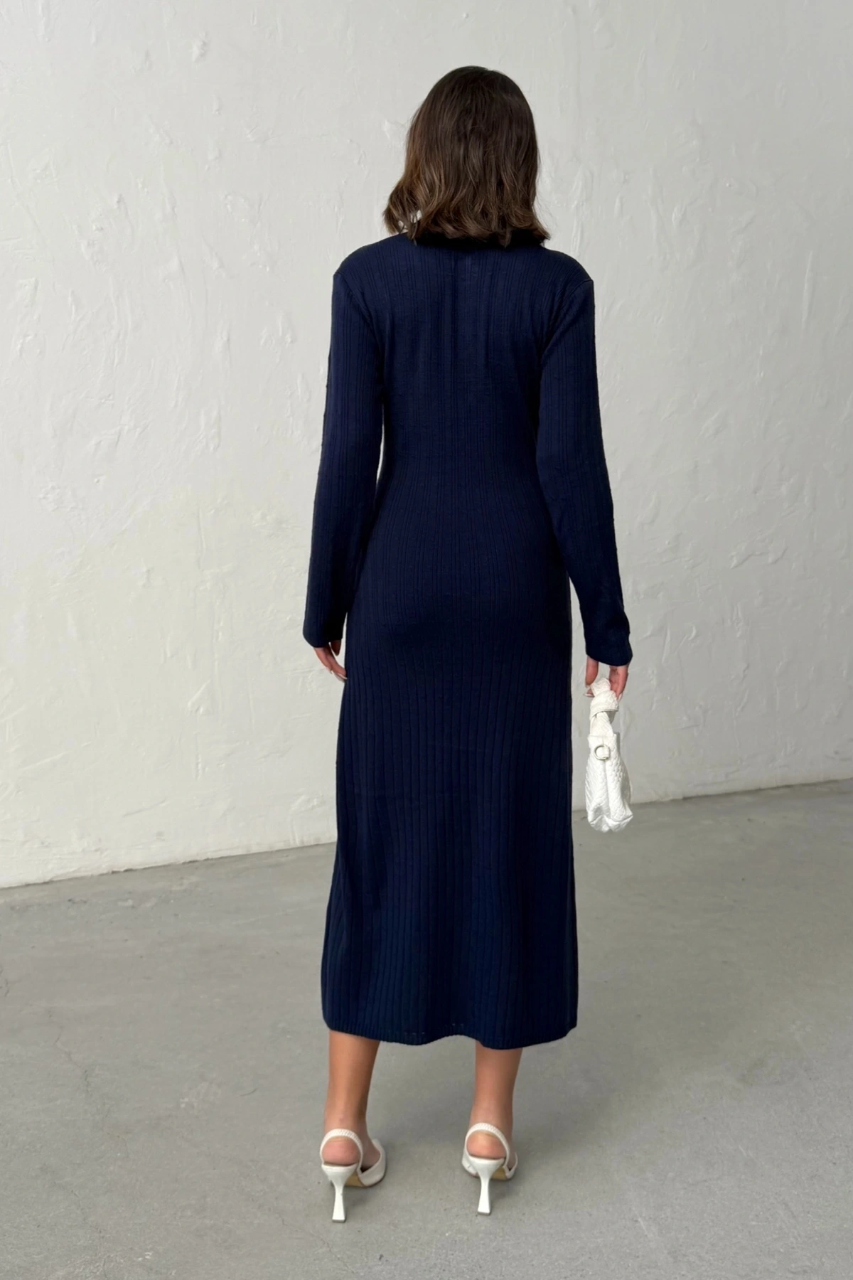 Kadın Lacivert Düğmeli Jean Detaylı Triko Elbise