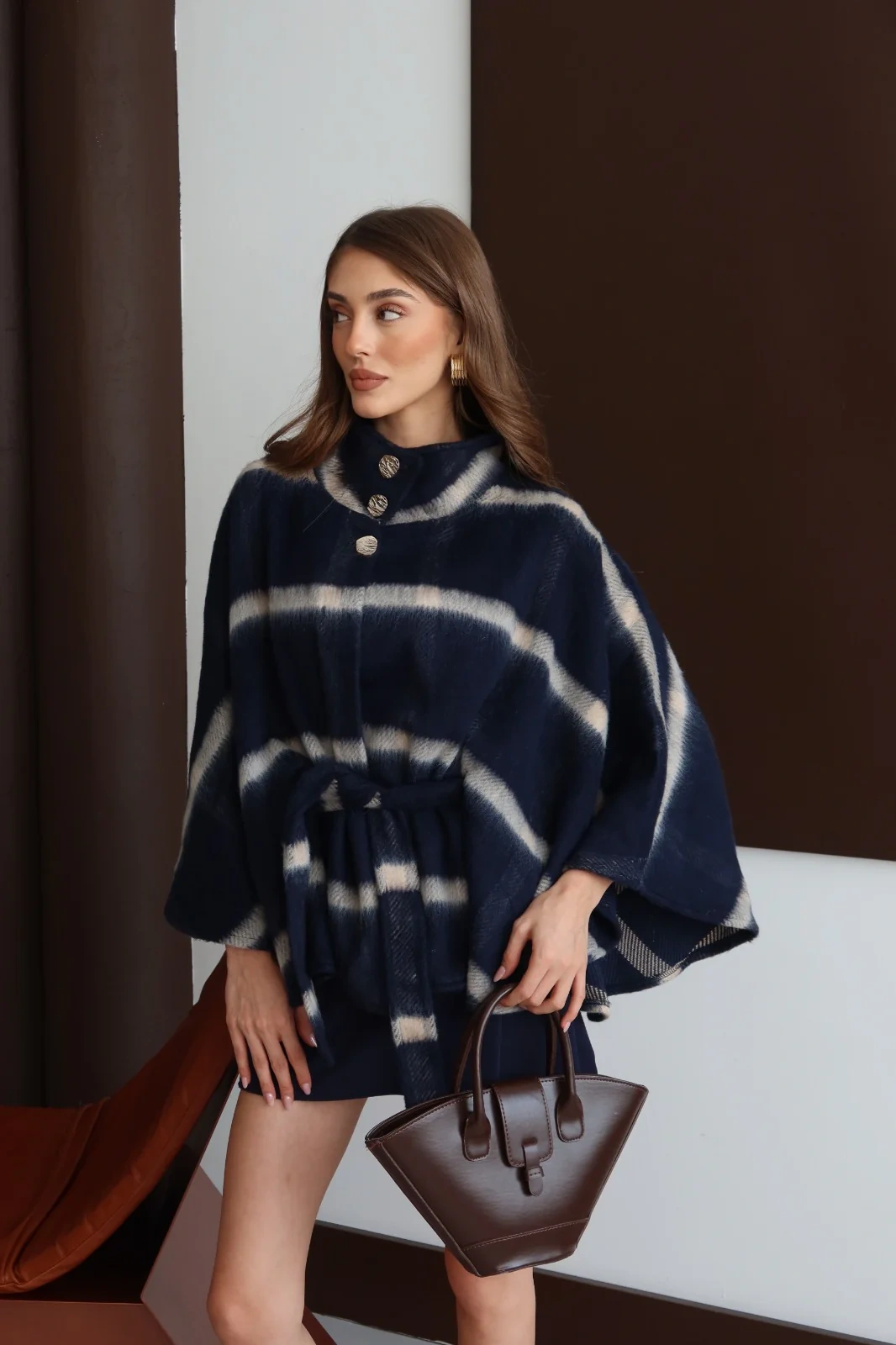 Kadın Lacivert Ekose Desenli Kemer Detaylı Premium Panço Ceket