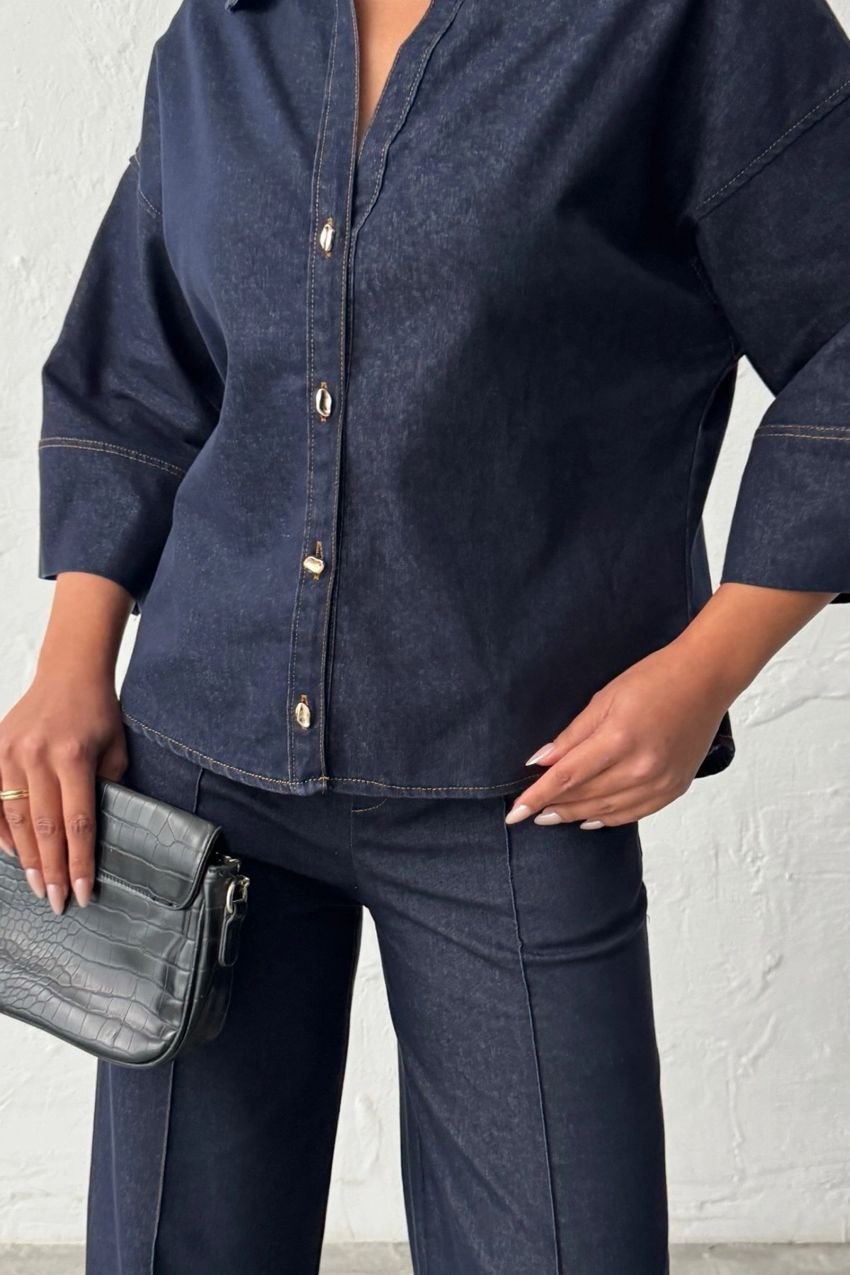 Kadın Lacivert Gömlek Pantolon Premium Kalite Alt üst ikili Takım