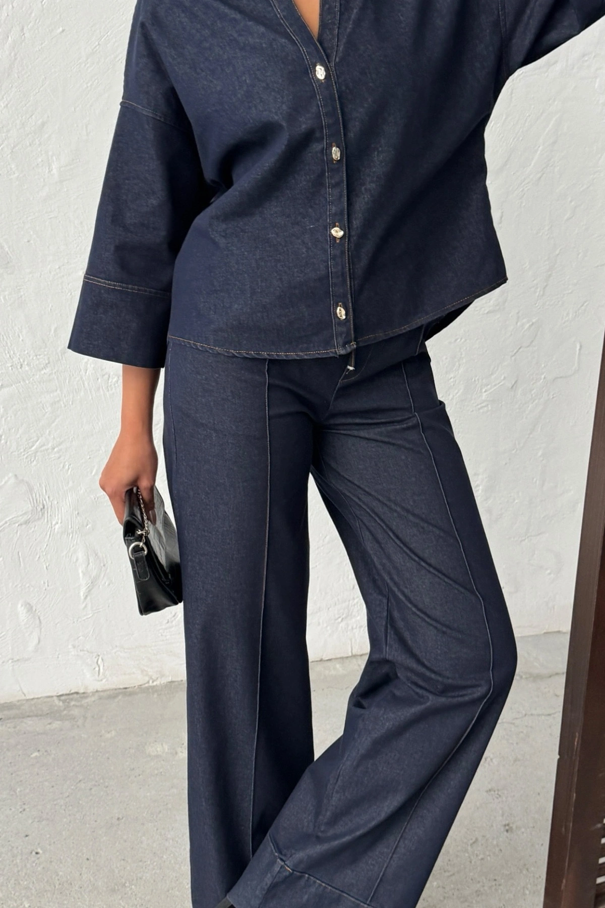Kadın Lacivert Gömlek Pantolon Premium Kalite Alt üst ikili Takım