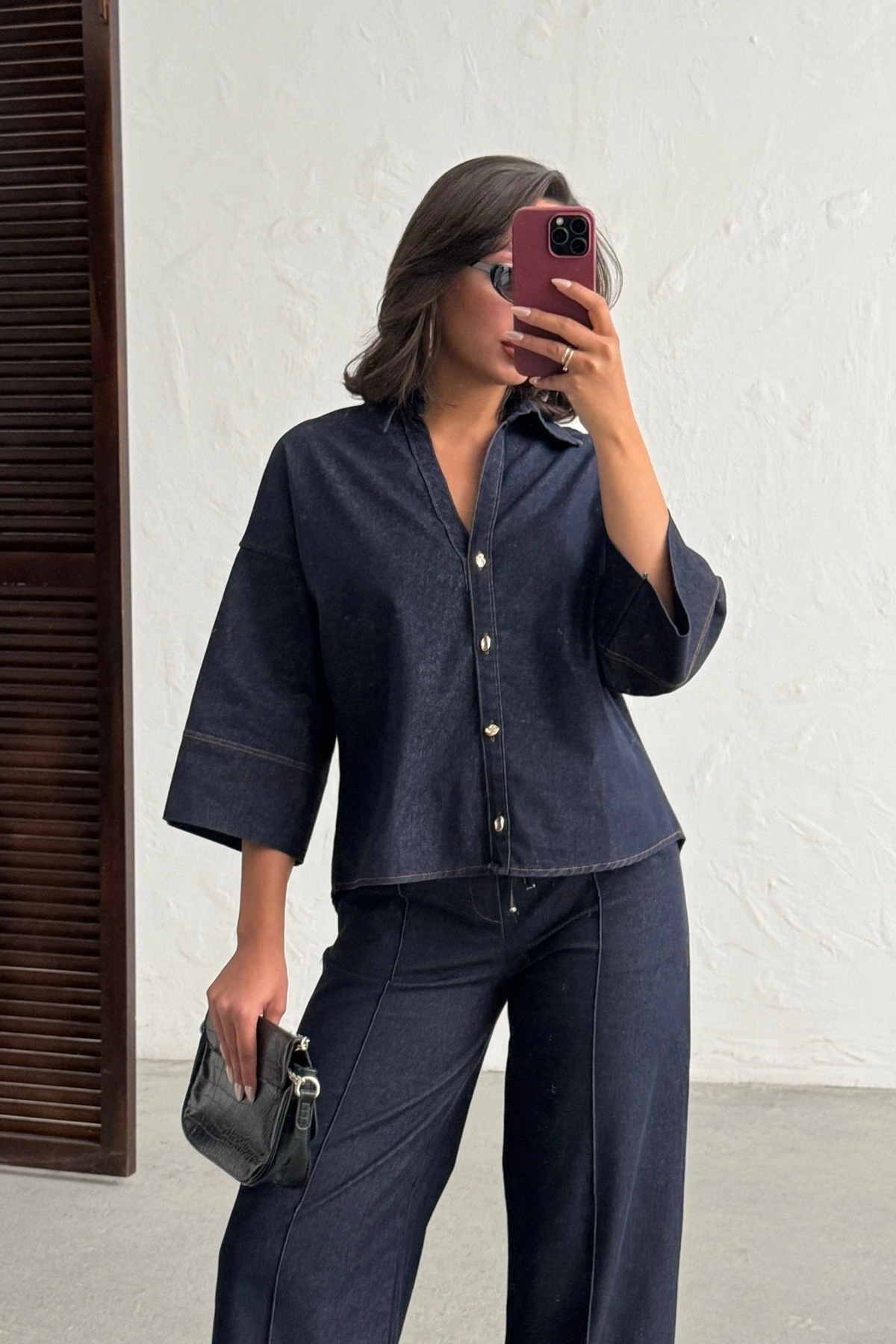 Kadın Lacivert Gömlek Pantolon Premium Kalite Alt üst ikili Takım