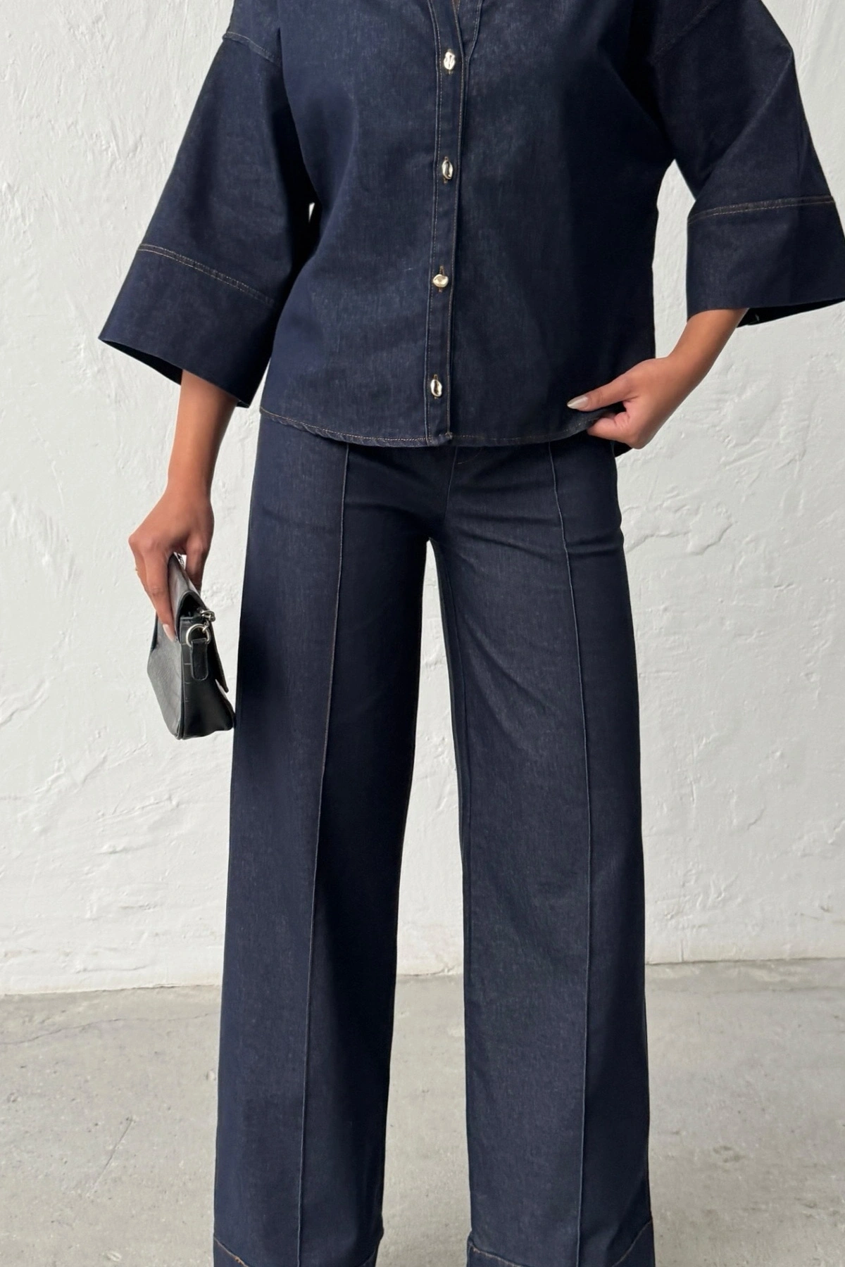 Kadın Lacivert Gömlek Pantolon Premium Kalite Alt üst ikili Takım