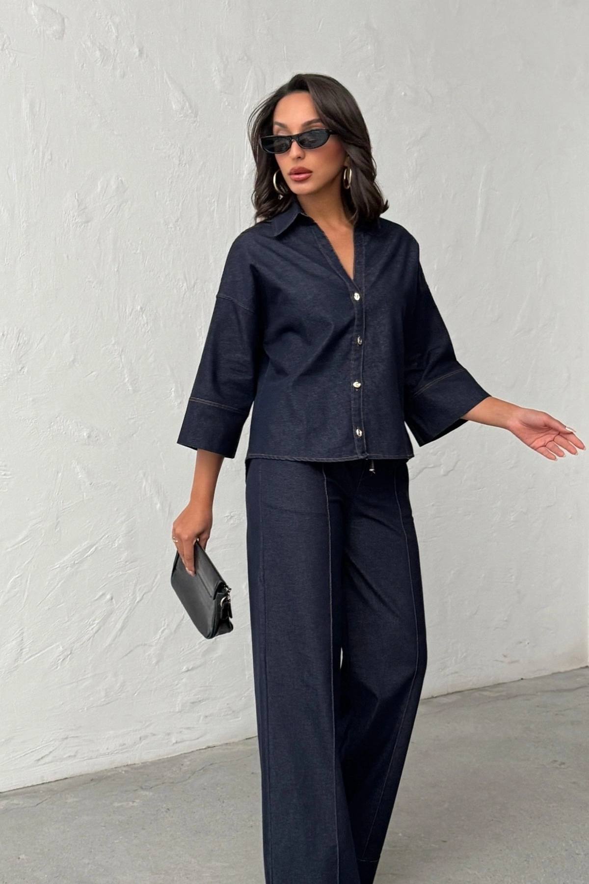 Kadın Lacivert Gömlek Pantolon Premium Kalite Alt üst ikili Takım