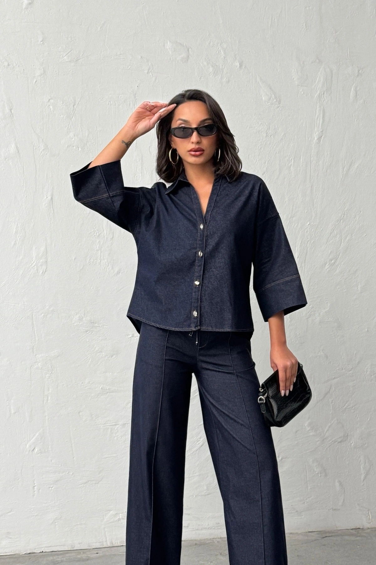 Kadın Lacivert Gömlek Pantolon Premium Kalite Alt üst ikili Takım