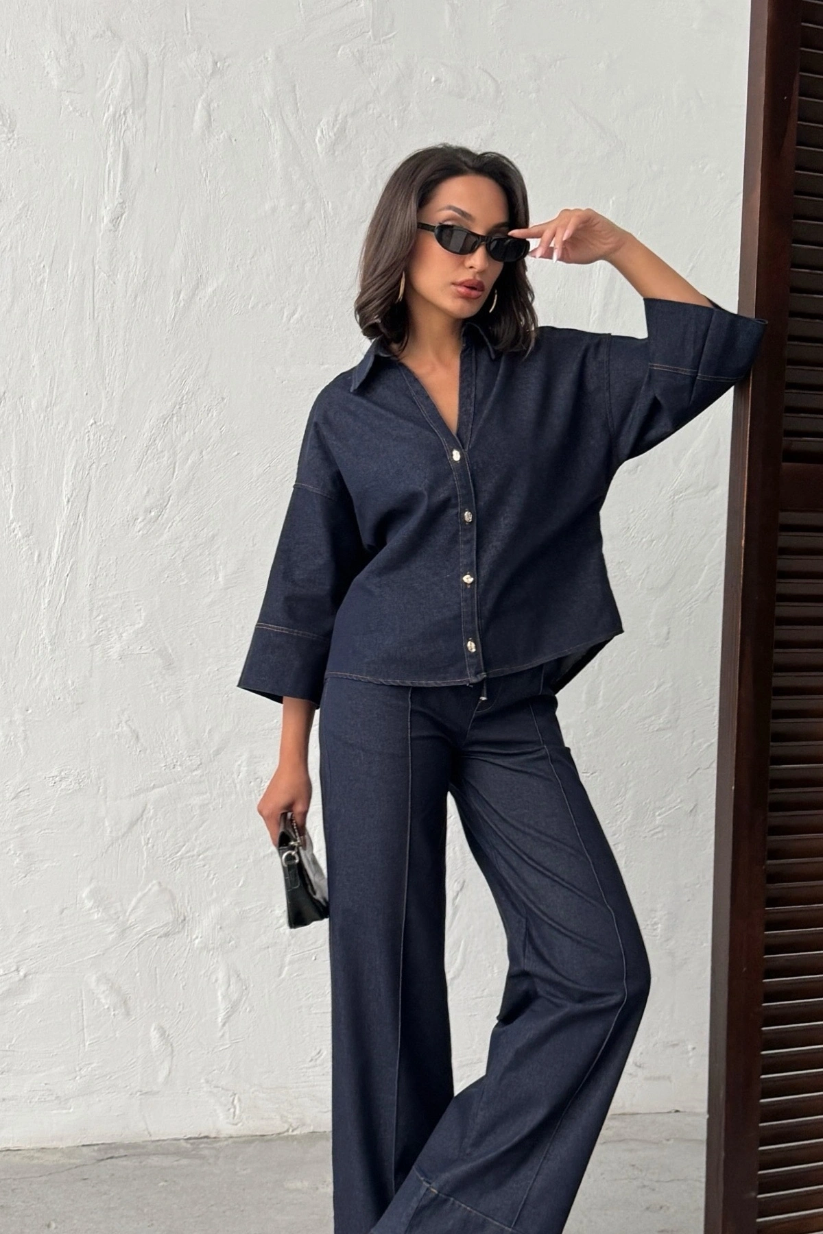 Kadın Lacivert Gömlek Pantolon Premium Kalite Alt üst ikili Takım