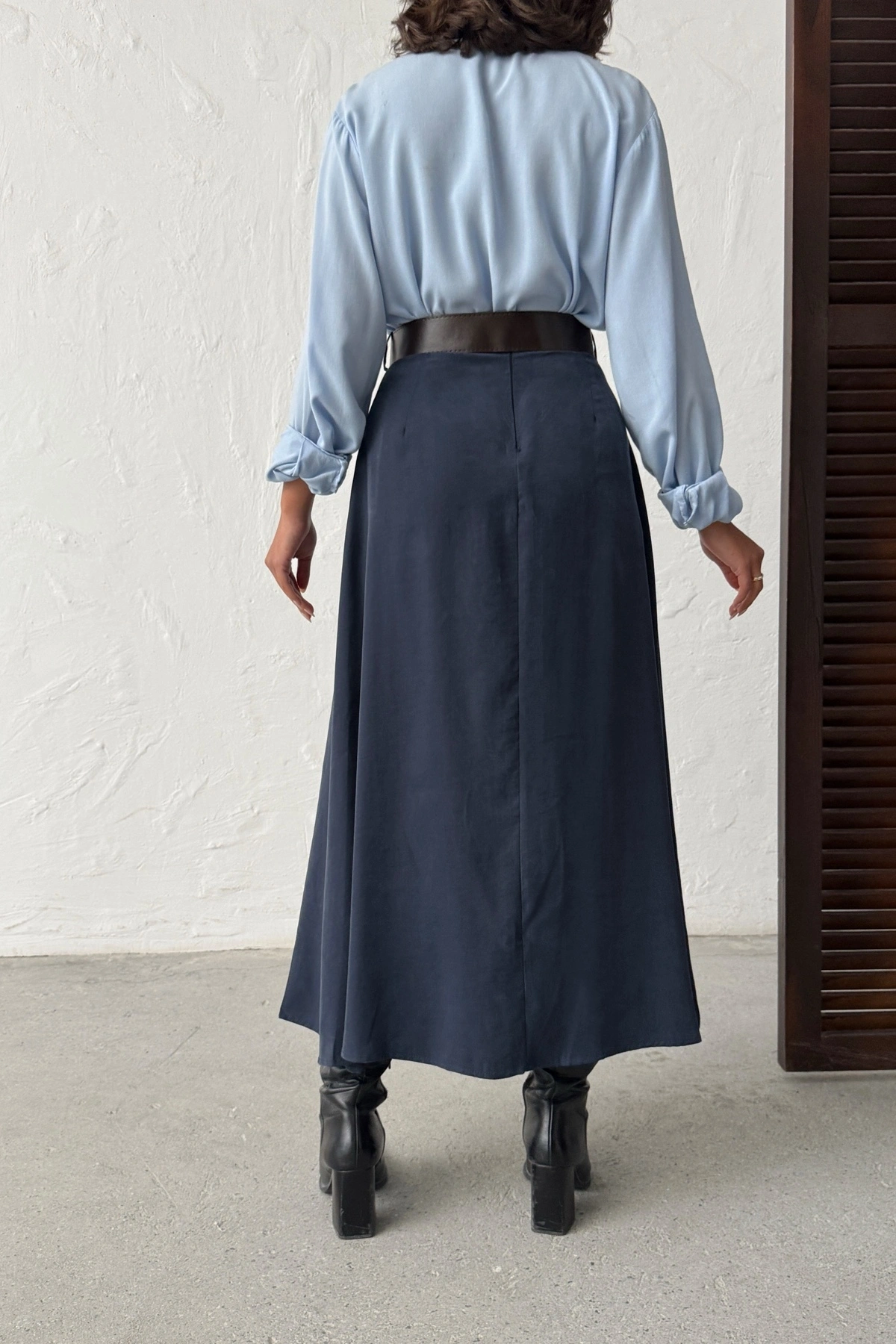 Kadın Lacivert Kemerli Tensel Kumaş Önden Yırtmaç Detaylı Premium Kalite Etek