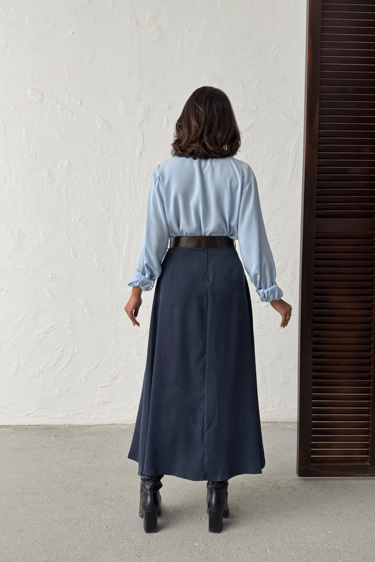 Kadın Lacivert Kemerli Tensel Kumaş Önden Yırtmaç Detaylı Premium Kalite Etek