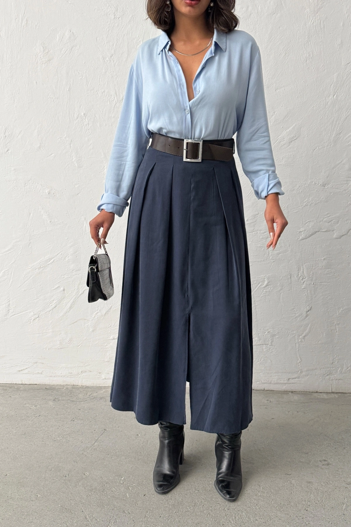 Kadın Lacivert Kemerli Tensel Kumaş Önden Yırtmaç Detaylı Premium Kalite Etek