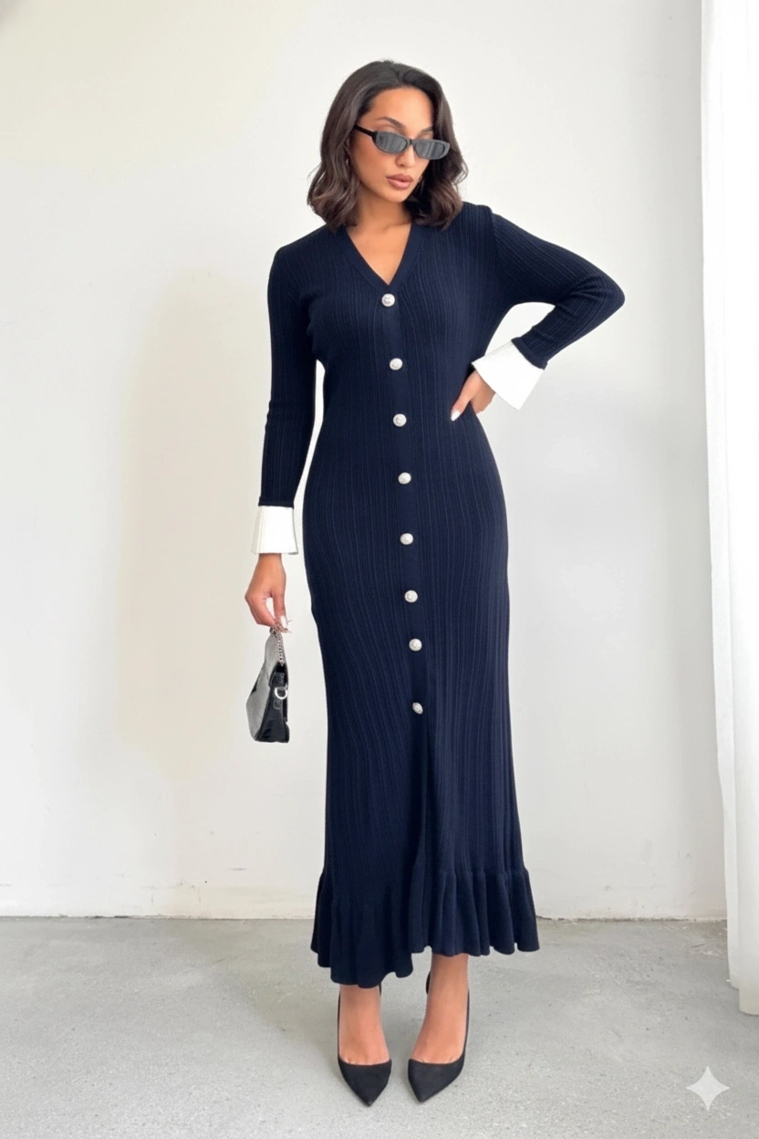 Kadın Lacivert Şık Bilek Boy Kol Boydan Düğmeli Uzun Triko Elbise