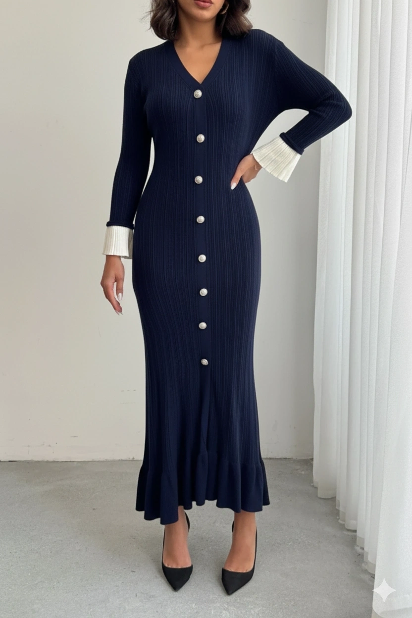 Kadın Lacivert Şık Bilek Boy Kol Boydan Düğmeli Uzun Triko Elbise