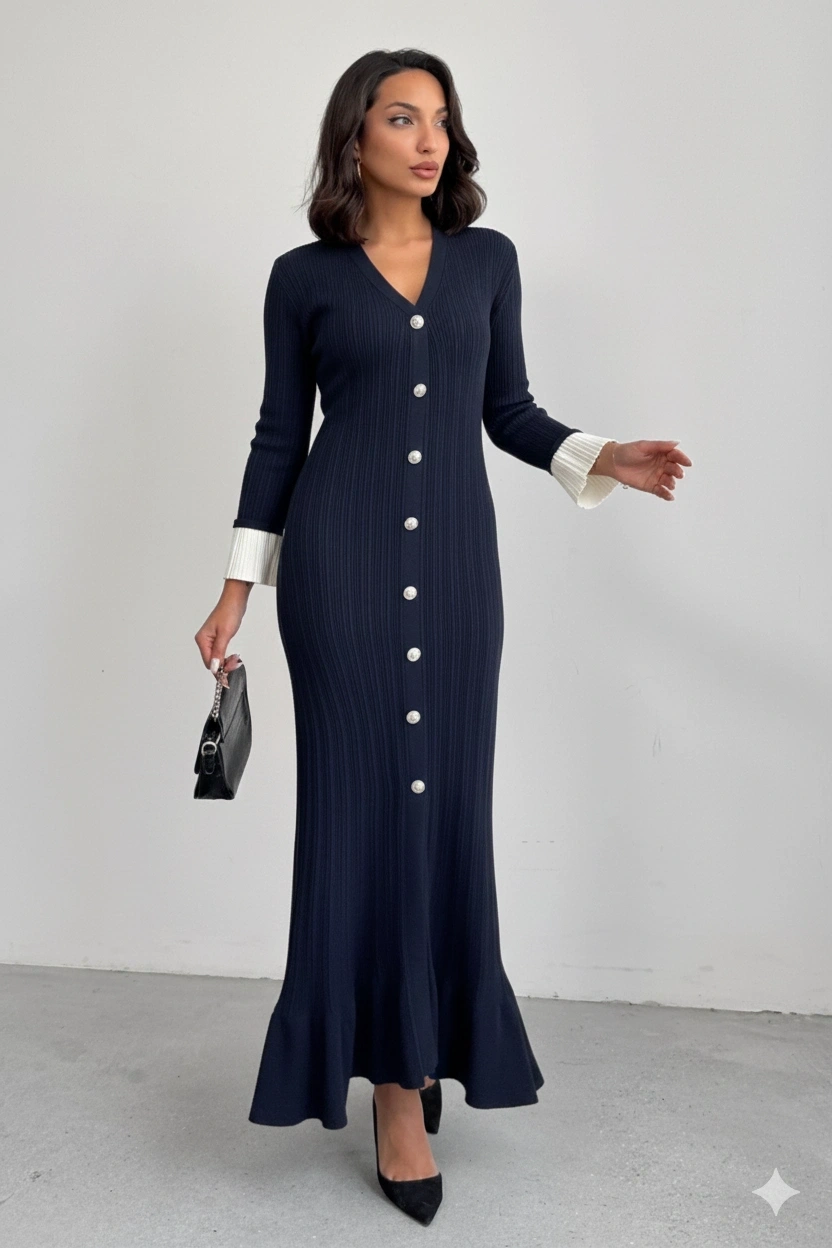 Kadın Lacivert Şık Bilek Boy Kol Boydan Düğmeli Uzun Triko Elbise