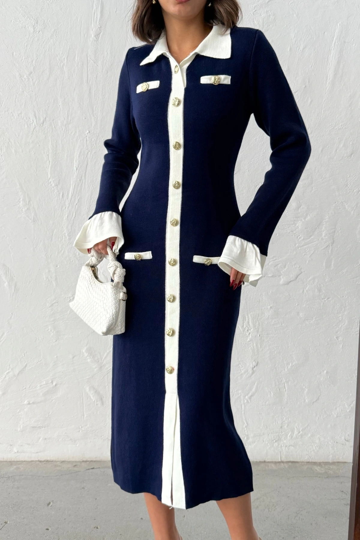 Kadın Lacivert Şık Düğme Ve Kol Detaylı Triko Elbise
