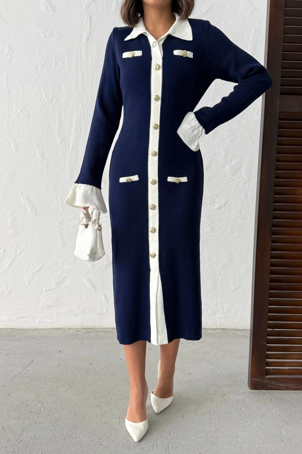 Kadın Lacivert Şık Düğme Ve Kol Detaylı Triko Elbise