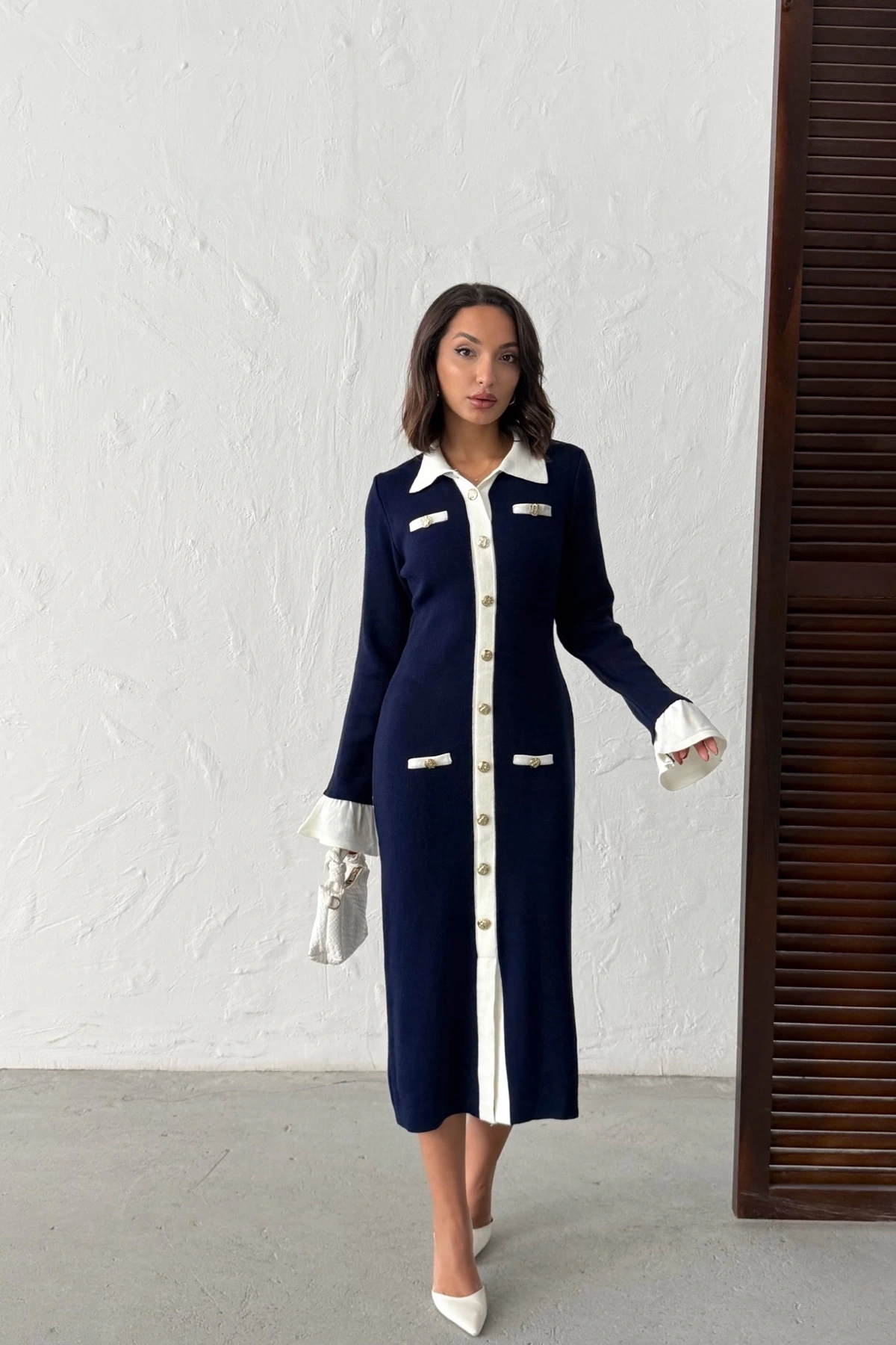 Kadın Lacivert Şık Düğme Ve Kol Detaylı Triko Elbise